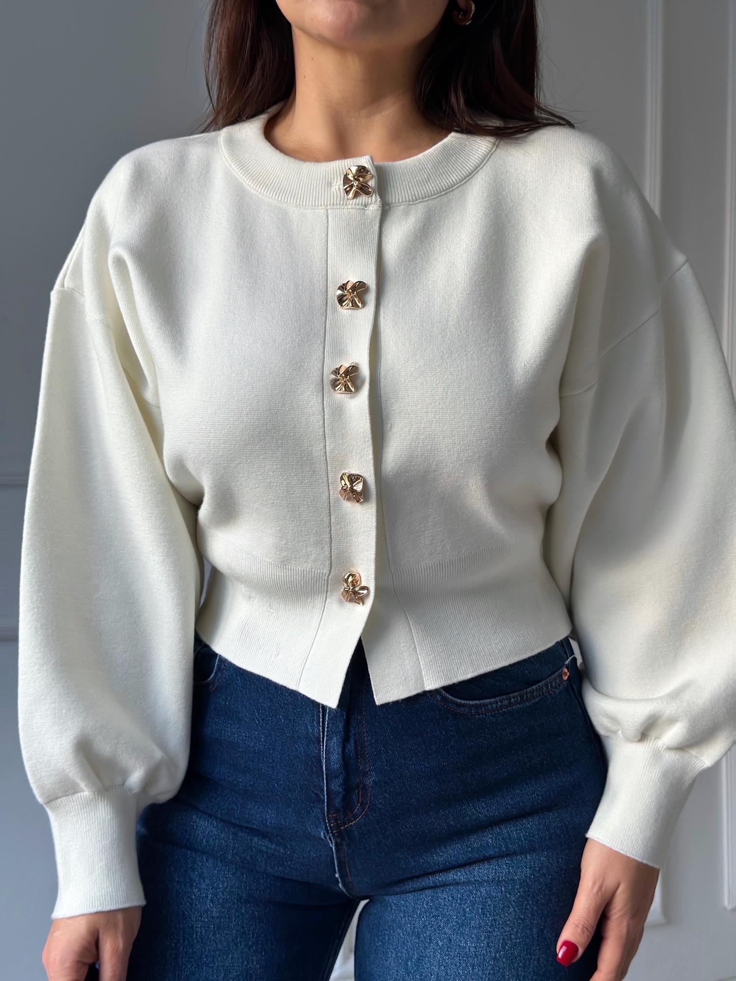 NORA ELYA Premium Knit – Gold Button Triko Hırka - Ekru · 2