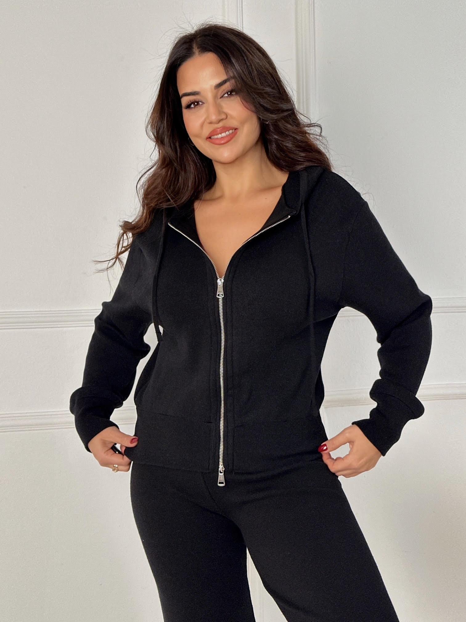 NORA ELYA Premium Knit – Zipper Hoodie Triko Sweat - Siyah