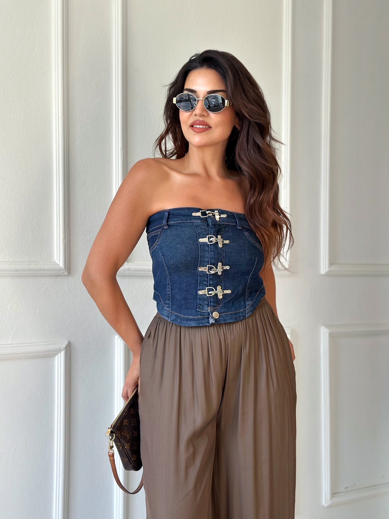 Nora Toka Detaylı Denim Straplez Bluz