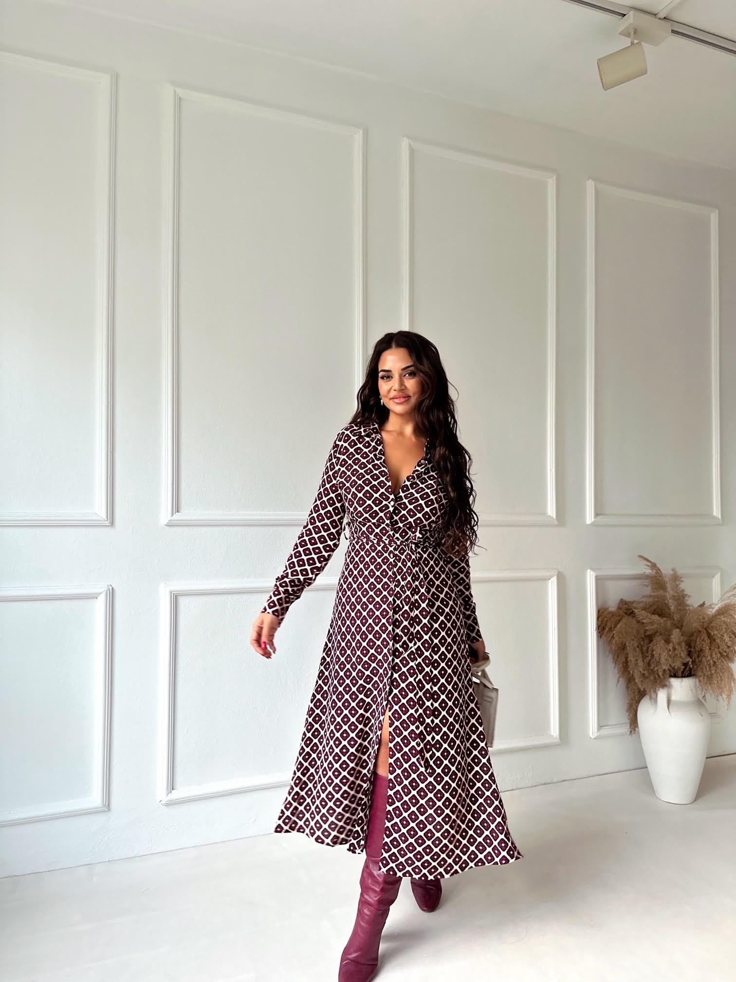 Orijinal Marka Bordo Desenli Maksi Gömlek Elbise