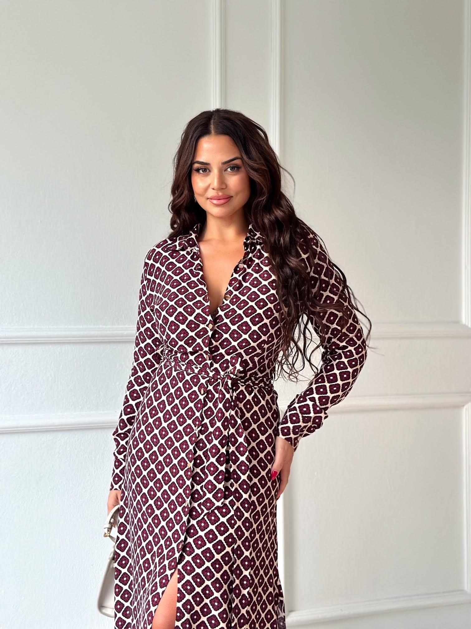 Orijinal Marka Bordo Desenli Maksi Gömlek Elbise | Nora Butik · 6