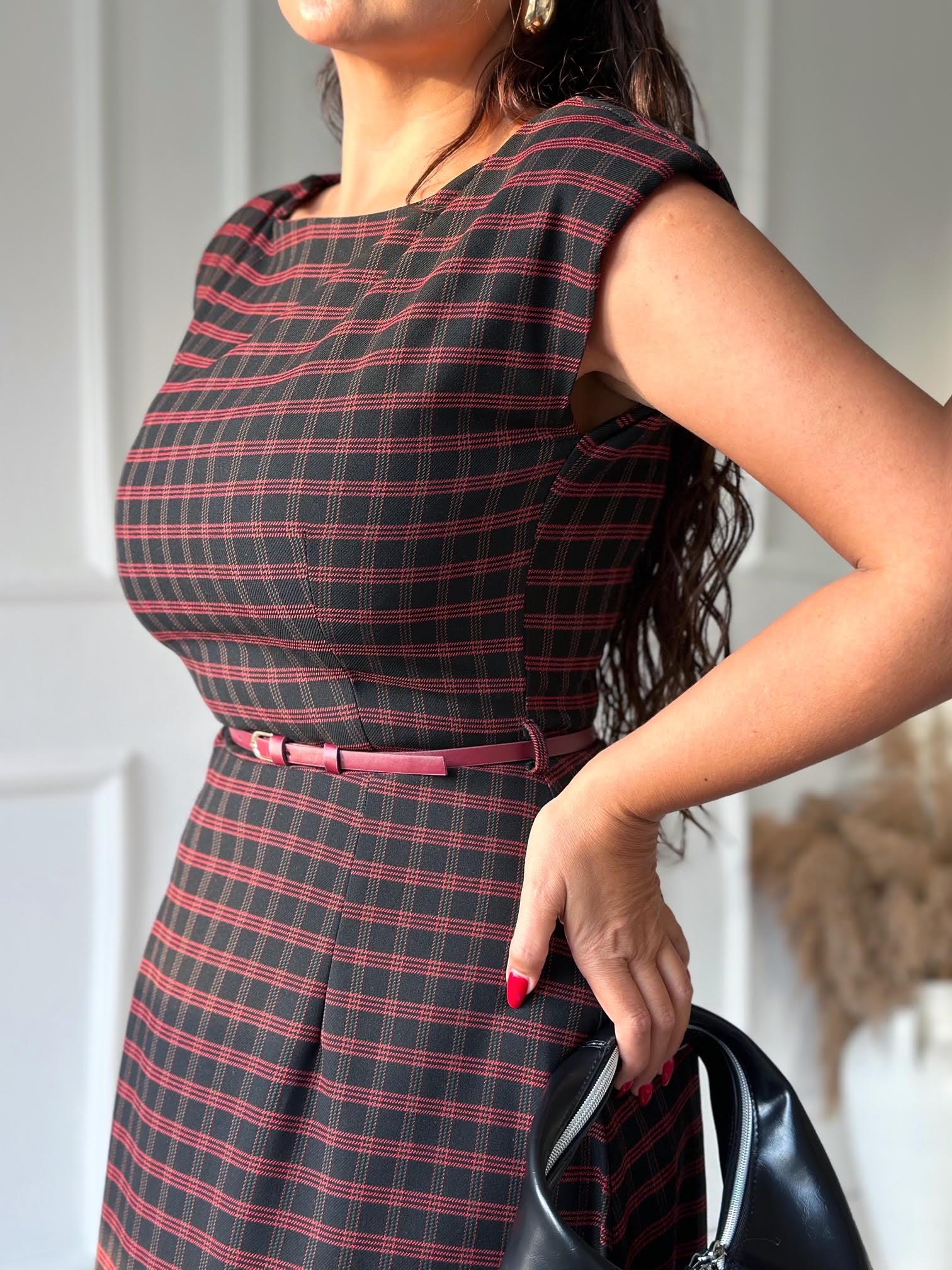 Orijinal Marka Bordo Kareli Beli Kemerli Elbise | Nora Butik · 6