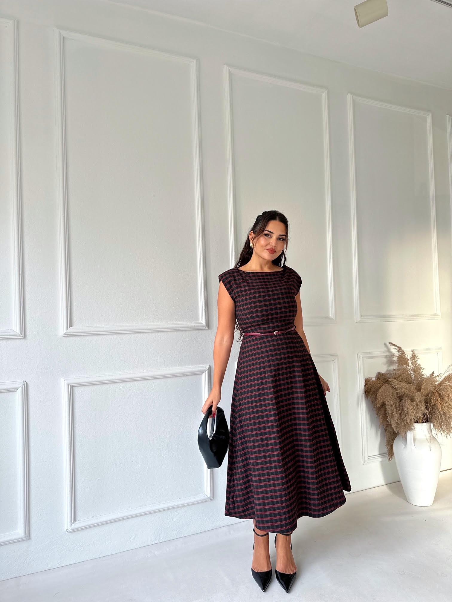 Orijinal Marka Bordo Kareli Beli Kemerli Elbise | Nora Butik · 3