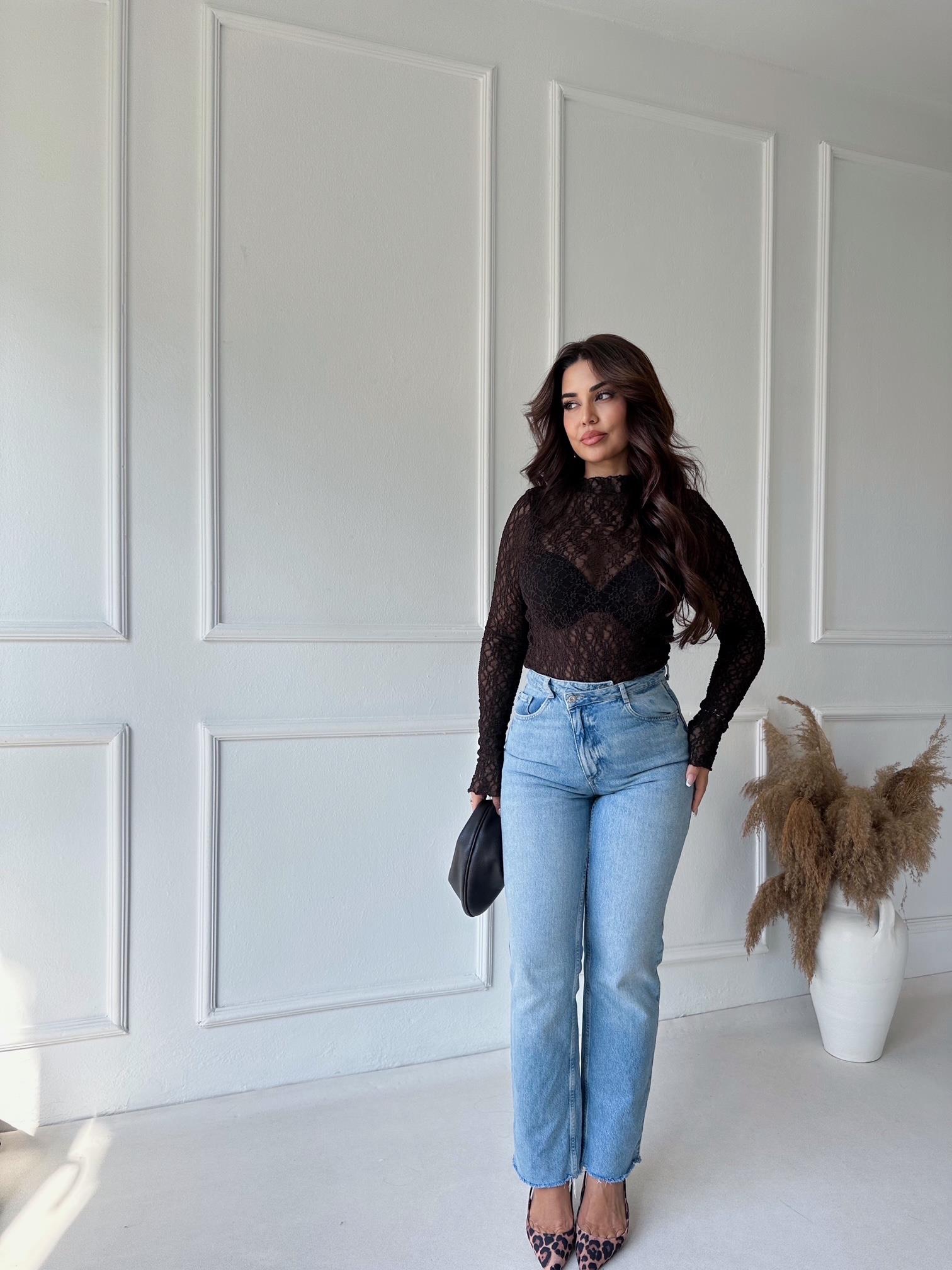 Orijinal marka çapraz kemerli yüksek bel straight jean - Nora Butik