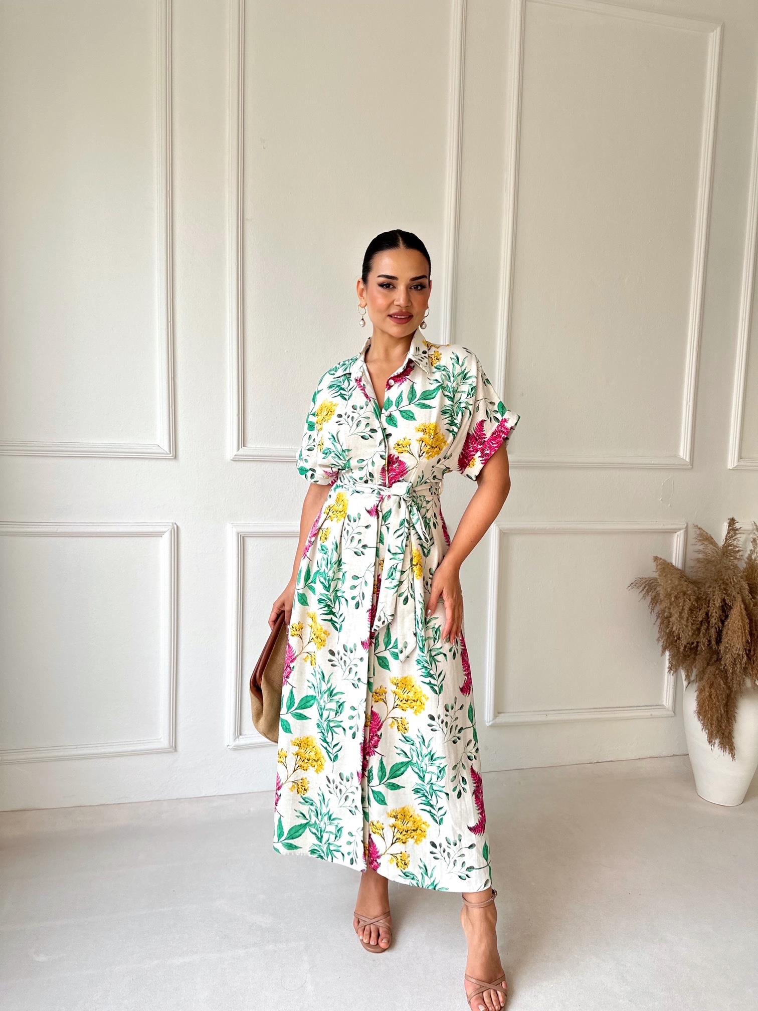 Orijinal marka çiçek desenli keten gömlek elbise - Nora Butik · 2