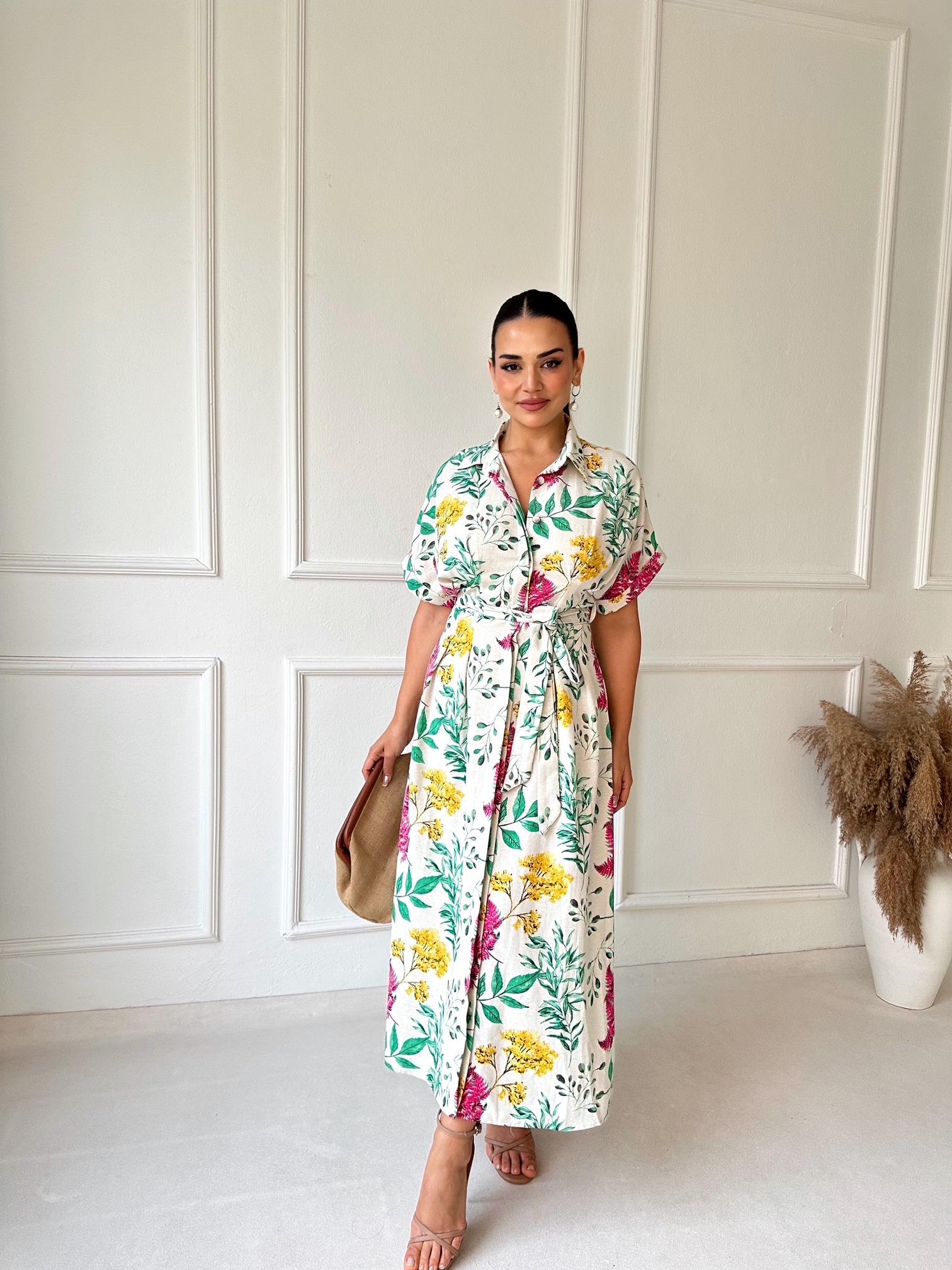 Orijinal Marka Çiçek Desenli Keten Gömlek Elbise