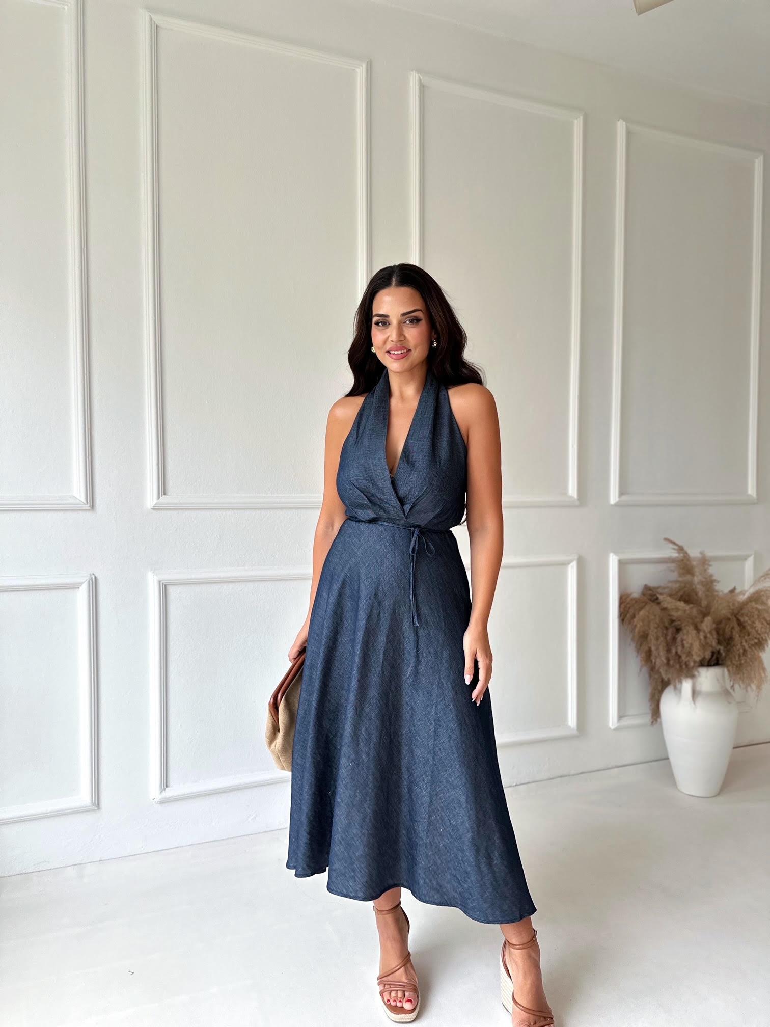 Orijinal Marka Halter Yaka Denim Elbise