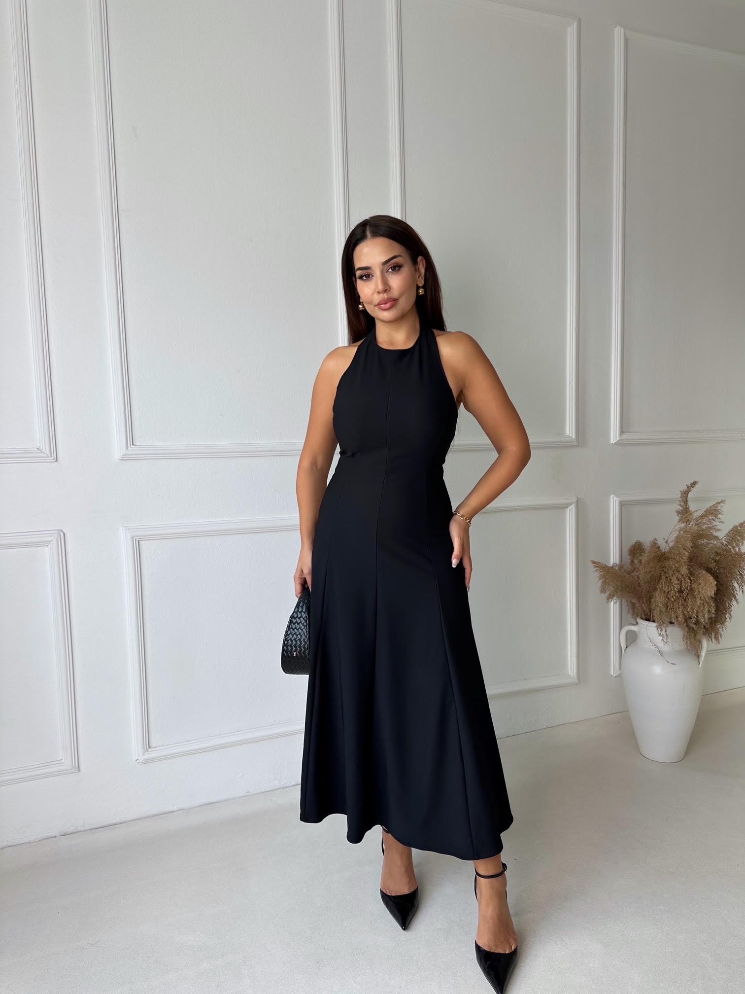 Orijinal Marka Halter Yaka Kloş Etekli Siyah Elbise 