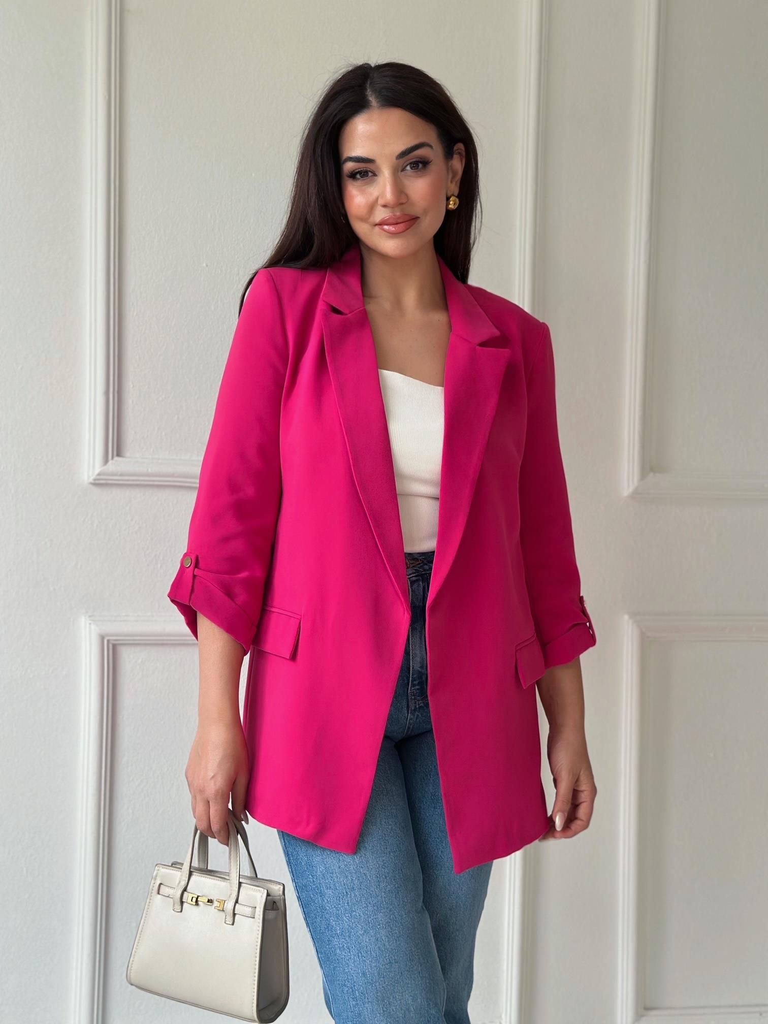 Orijinal Marka Kıvrık Kollu Blazer Ceket - Fuşya | Nora Butik