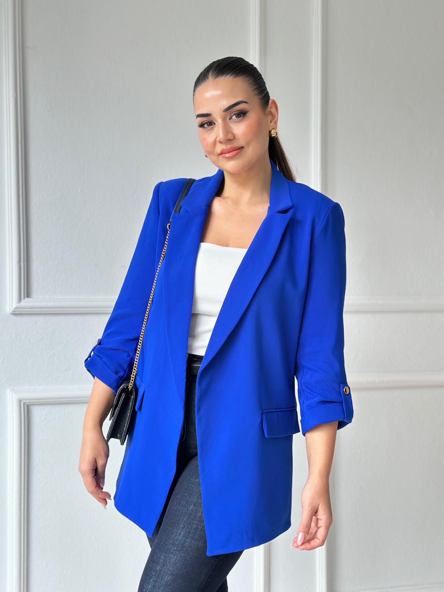 Orijinal Marka Kıvrık Kollu Blazer Ceket - Saks Mavi | Nora Butik
