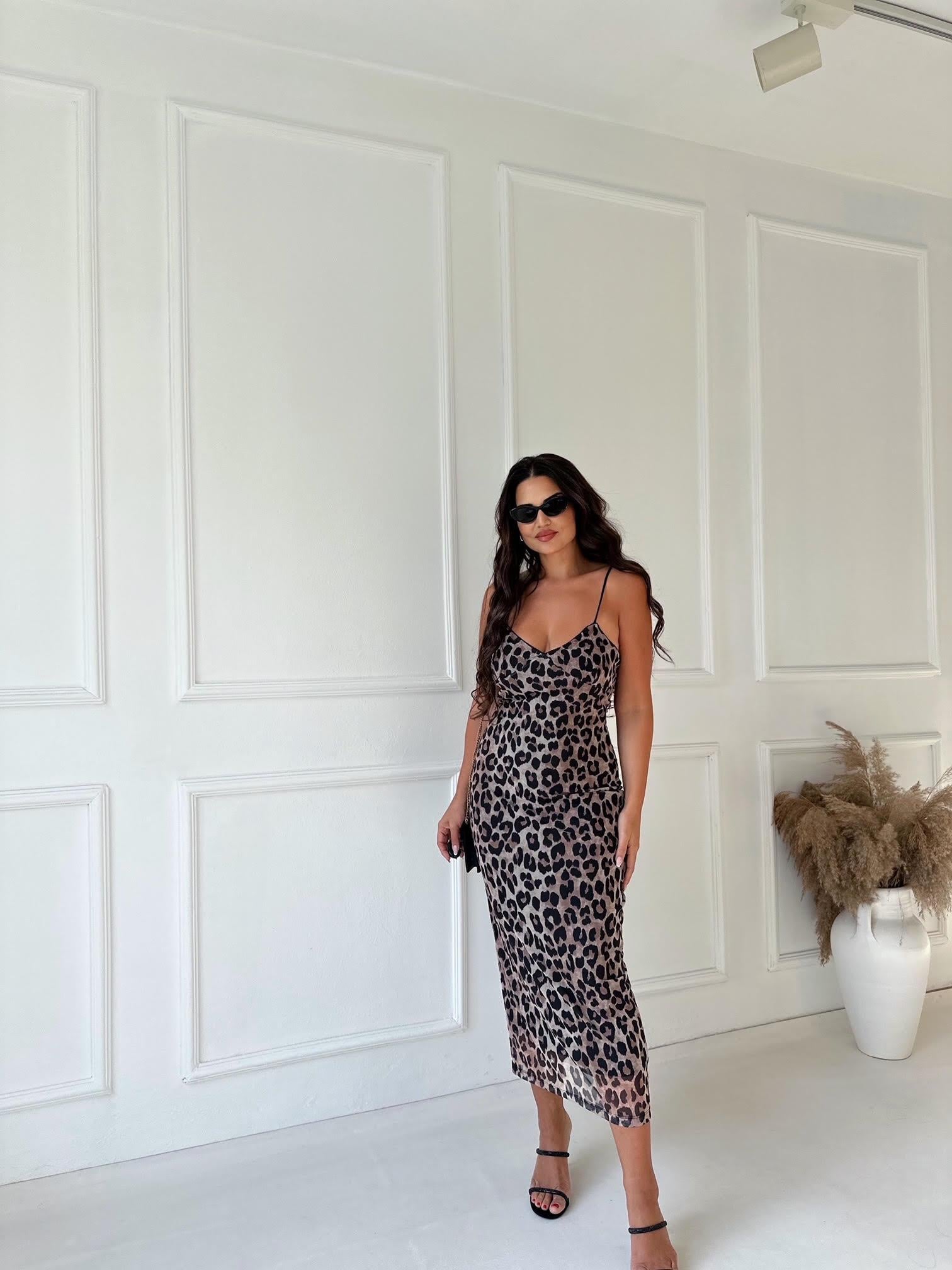 Orijinal Marka Leopar Desen İp Askılı Midi Kalem Elbise