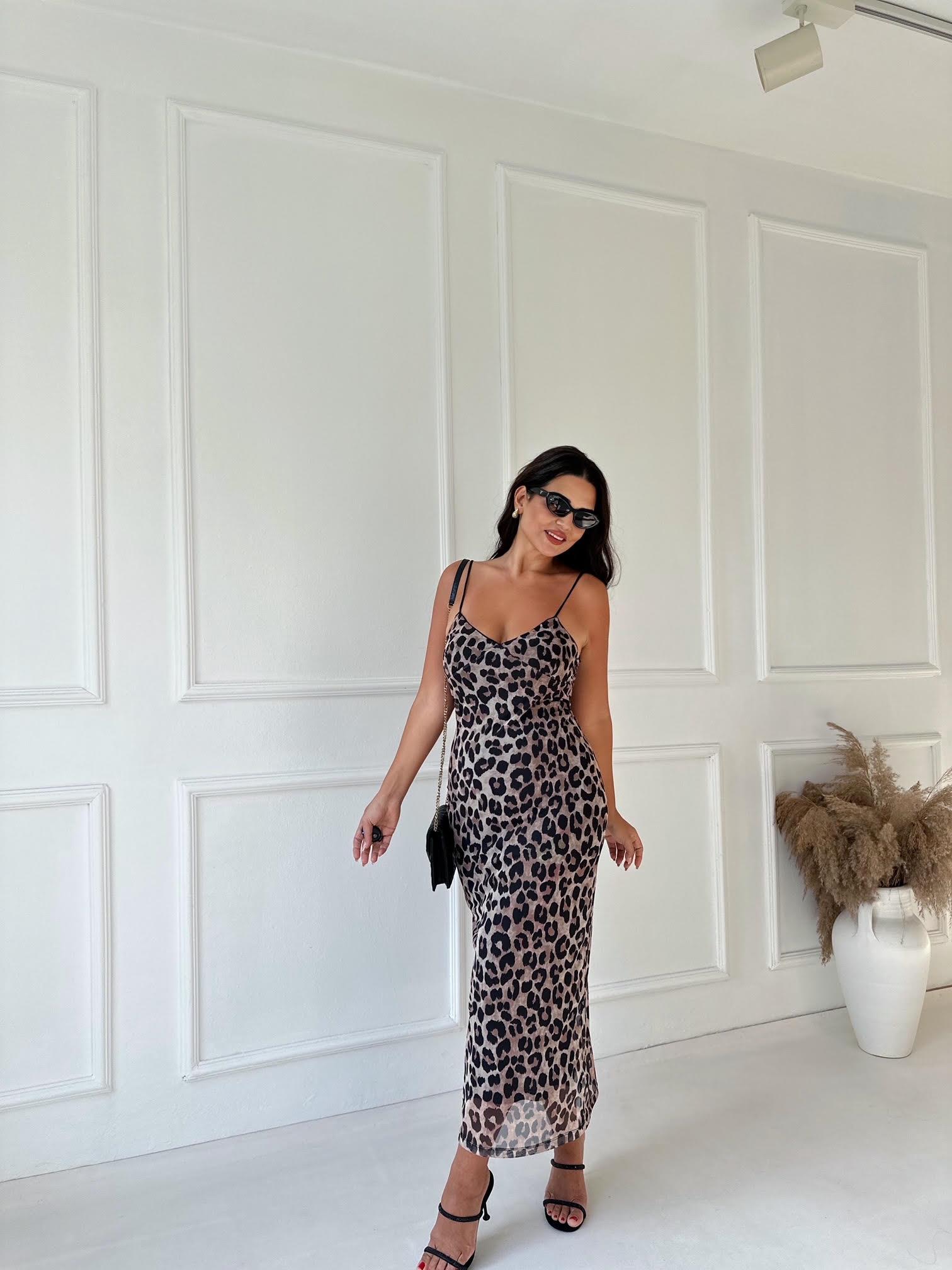 Orijinal Marka Leopar Desen İp Askılı Midi Kalem Elbise | Nora Butik · 2