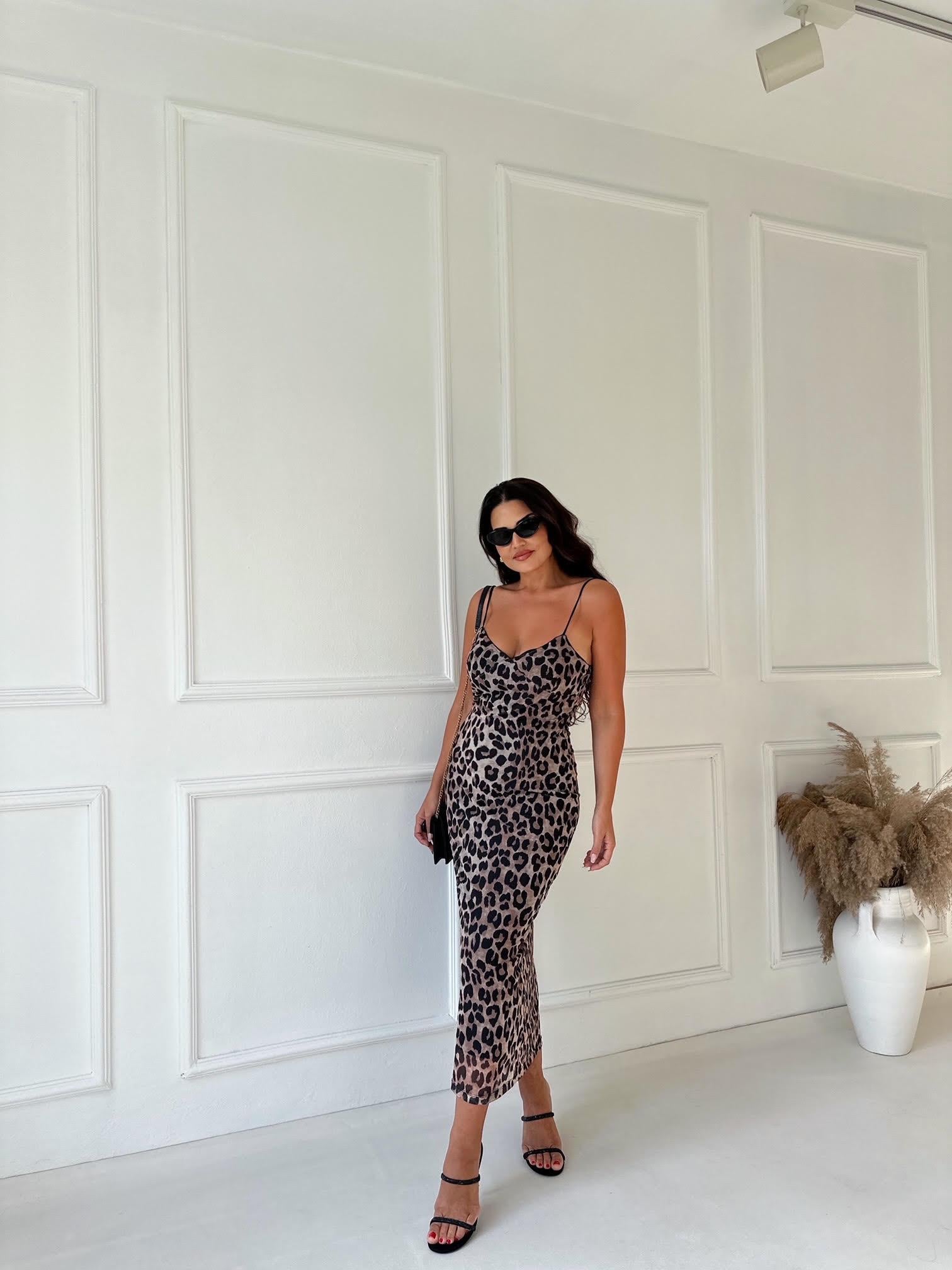 Orijinal Marka Leopar Desen İp Askılı Midi Kalem Elbise | Nora Butik · 3