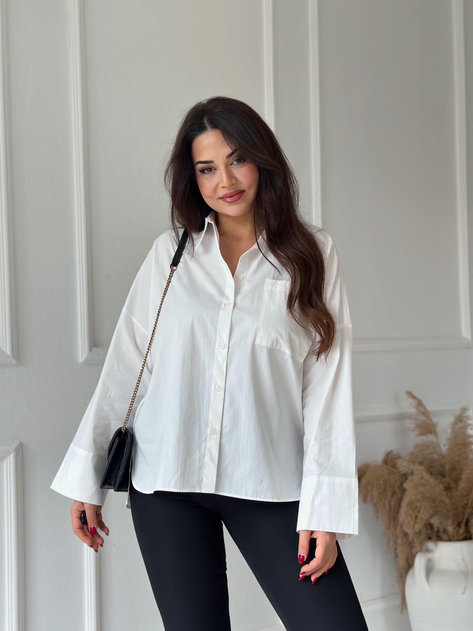 Orijinal Marka Likralı Fit Kalıp Beyaz Poplin Gömlek | Nora Butik