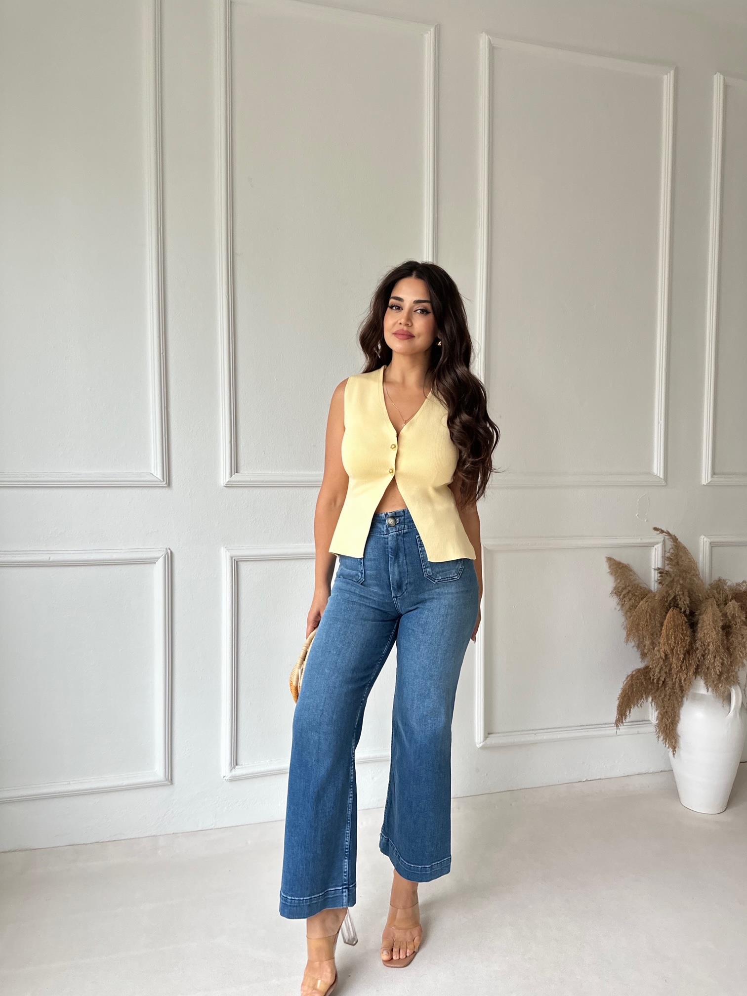 Orijinal Marka Likralı Mavi Colette Kısa Geniş Paça Jean 