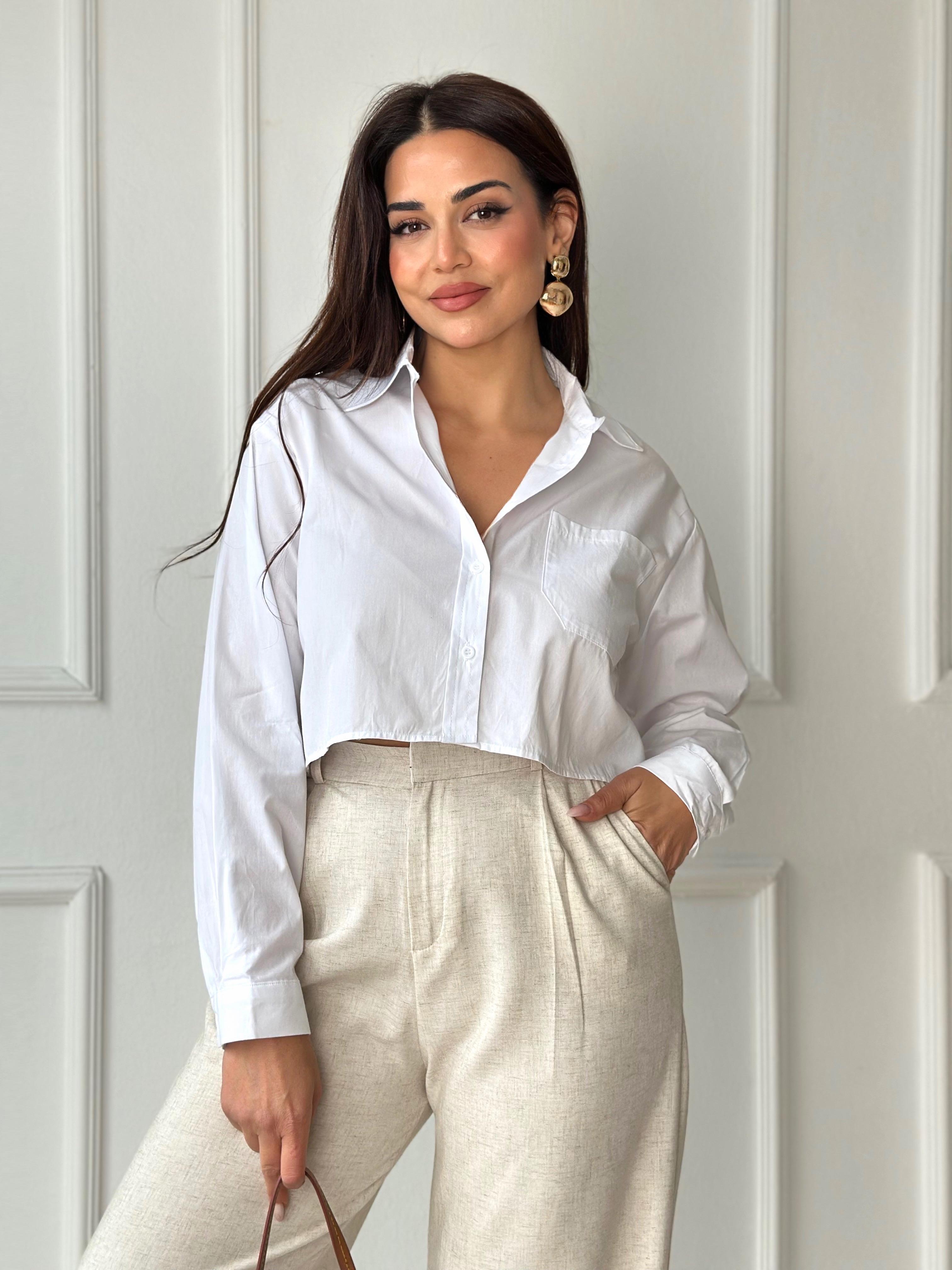 Orijinal Marka Pamuklu Poplin Beyaz Crop Gömlek