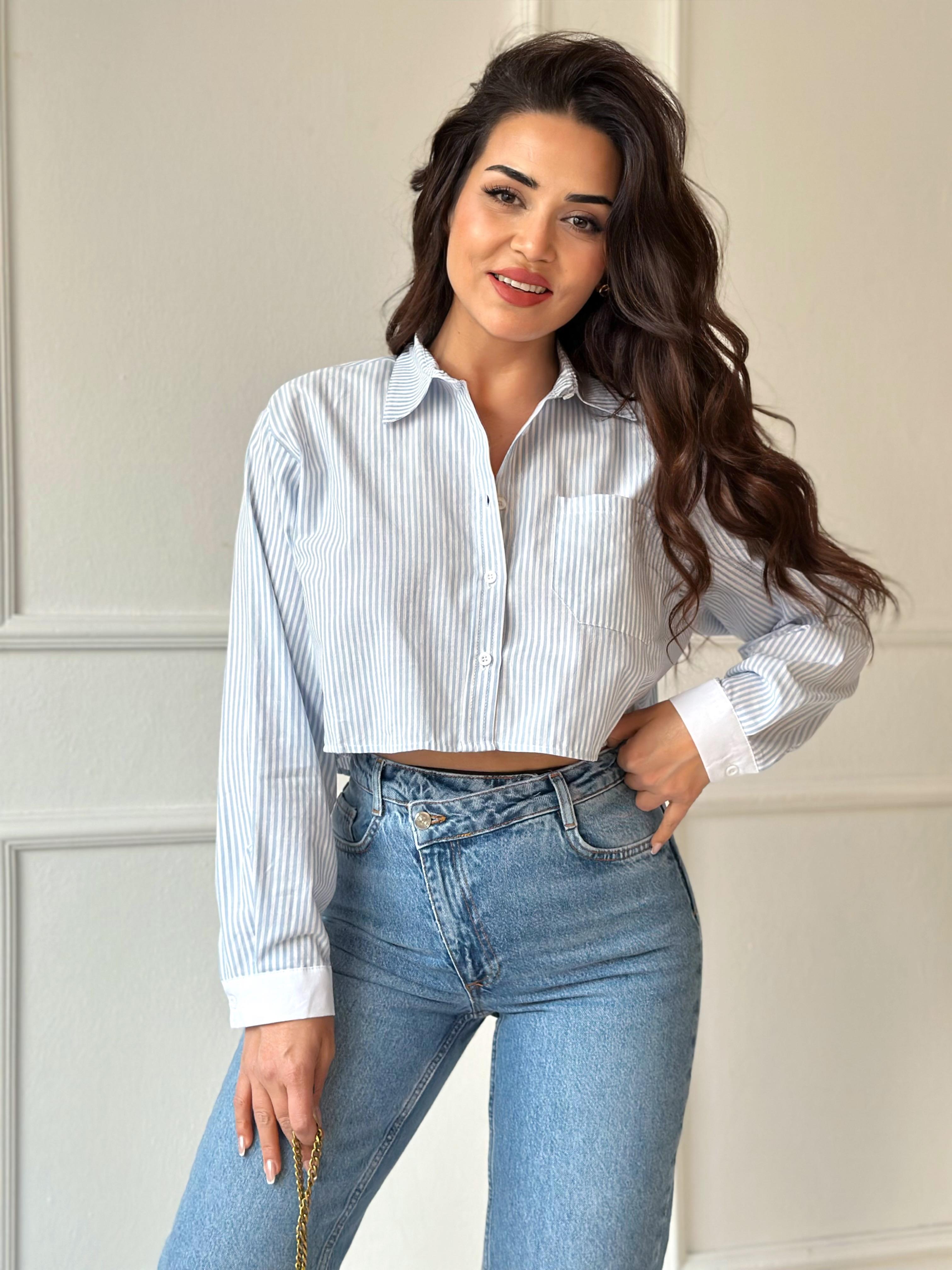 Orijinal Marka Pamuklu Poplin Mavi Beyaz Çizgili Crop Gömlek