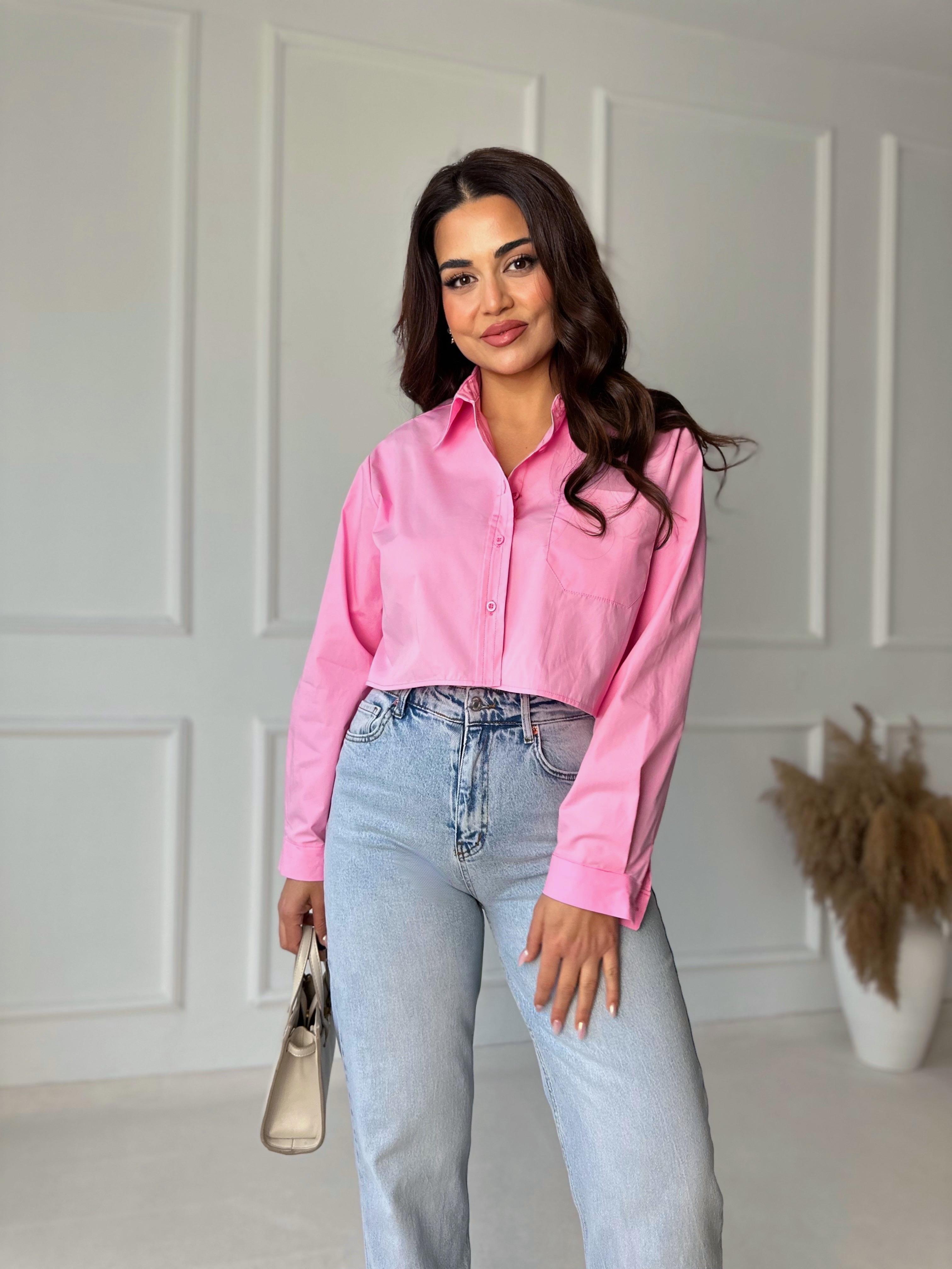 Orijinal Marka Pamuklu Poplin Pembe Crop Gömlek