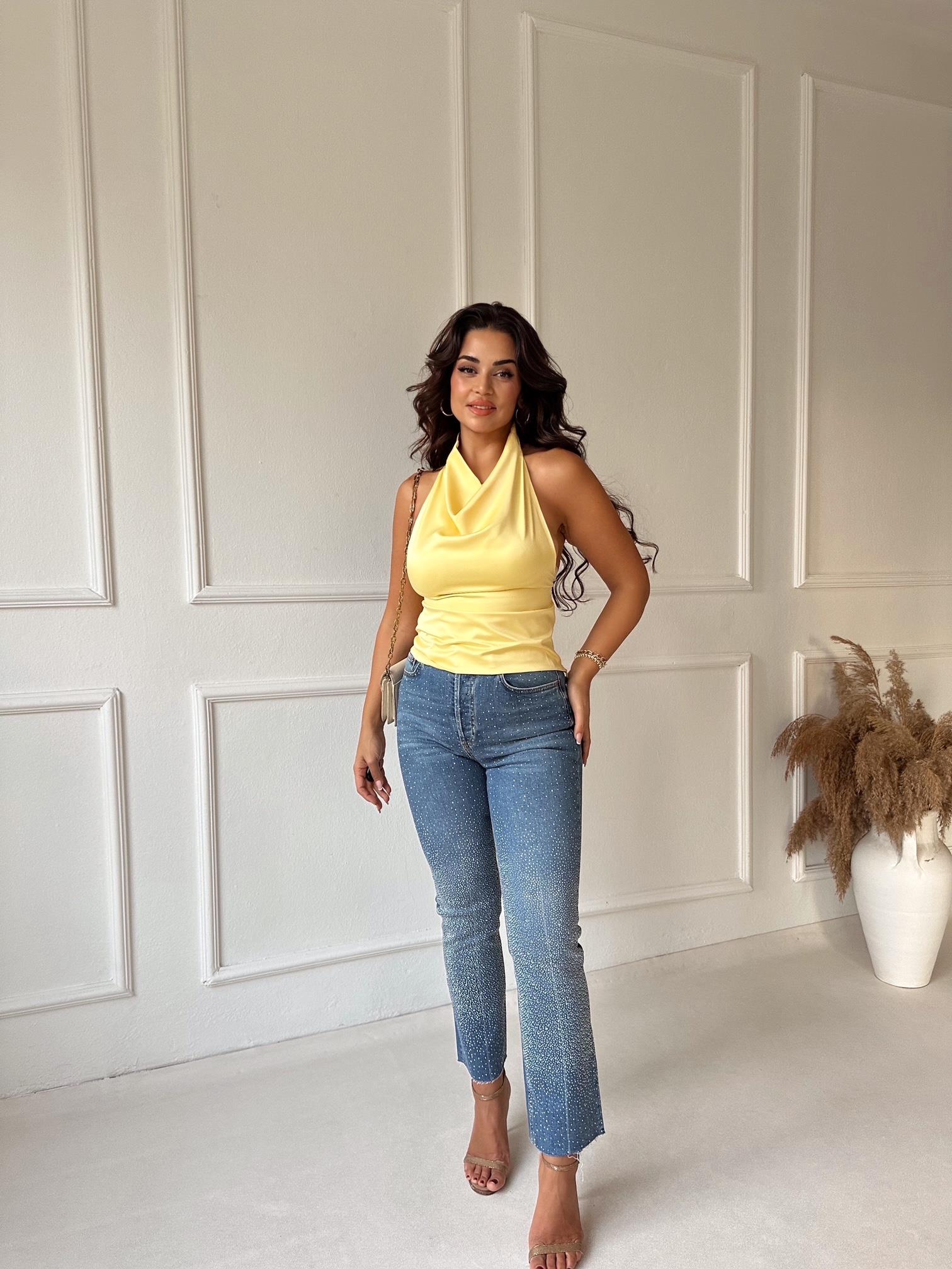 Orijinal marka tam yüksek bel taşlı likralı boyfit jean - Nora Butik