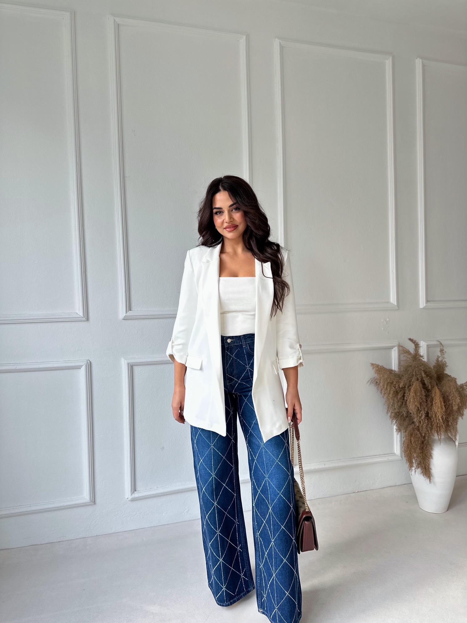 Premium Kalite Geometrik Taş İşlemeli Yüksek Bel Wide Leg Denim Pantolon · 14
