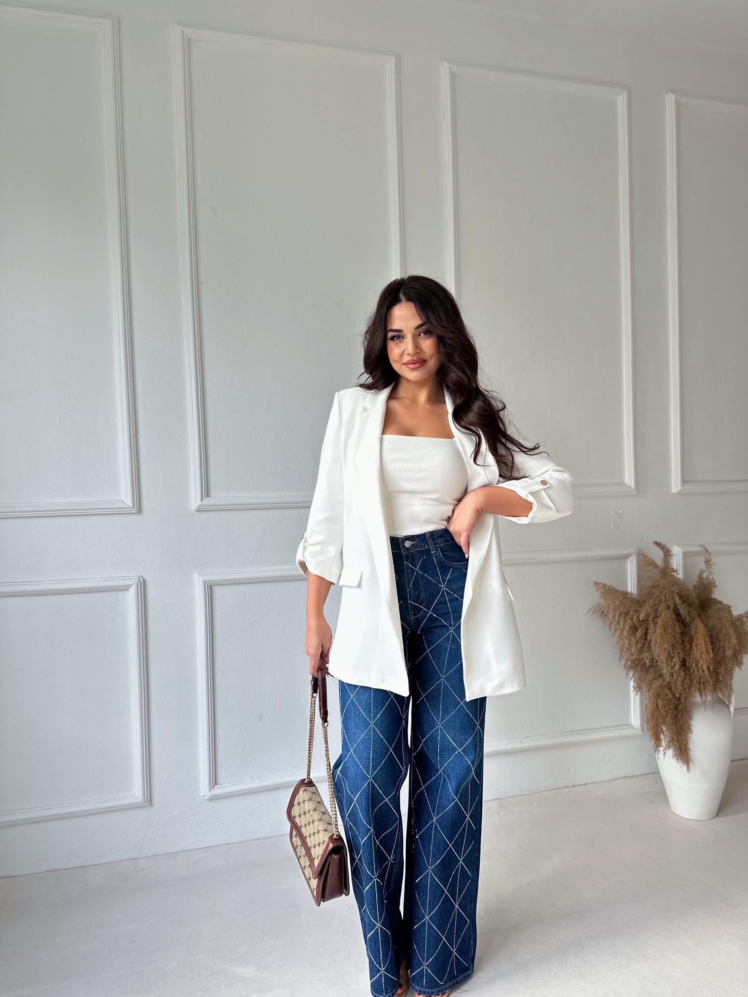 Premium Kalite Geometrik Taş İşlemeli Yüksek Bel Wide Leg Denim Pantolon · 13