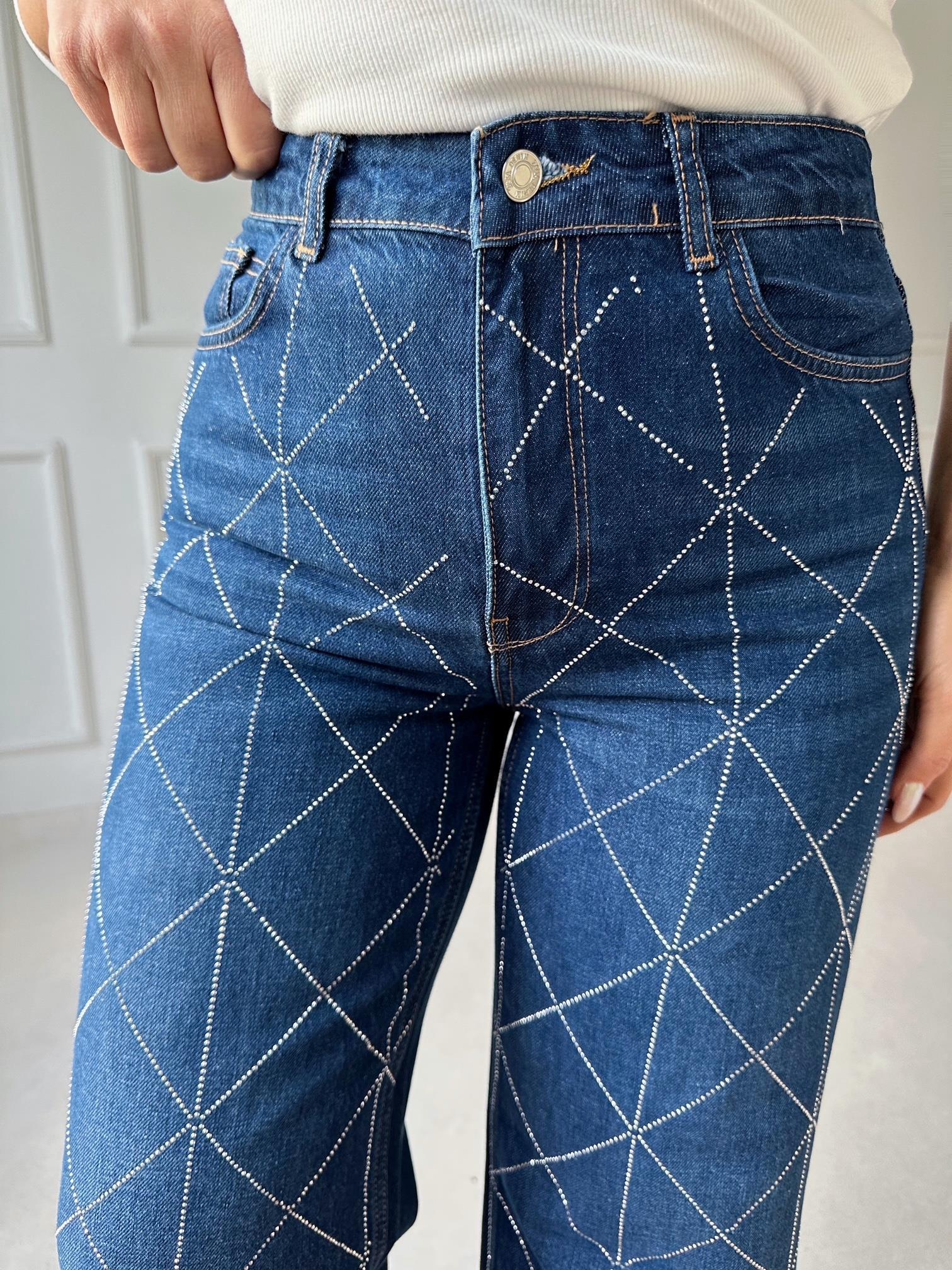 Premium Kalite Geometrik Taş İşlemeli Yüksek Bel Wide Leg Denim Pantolon · 7