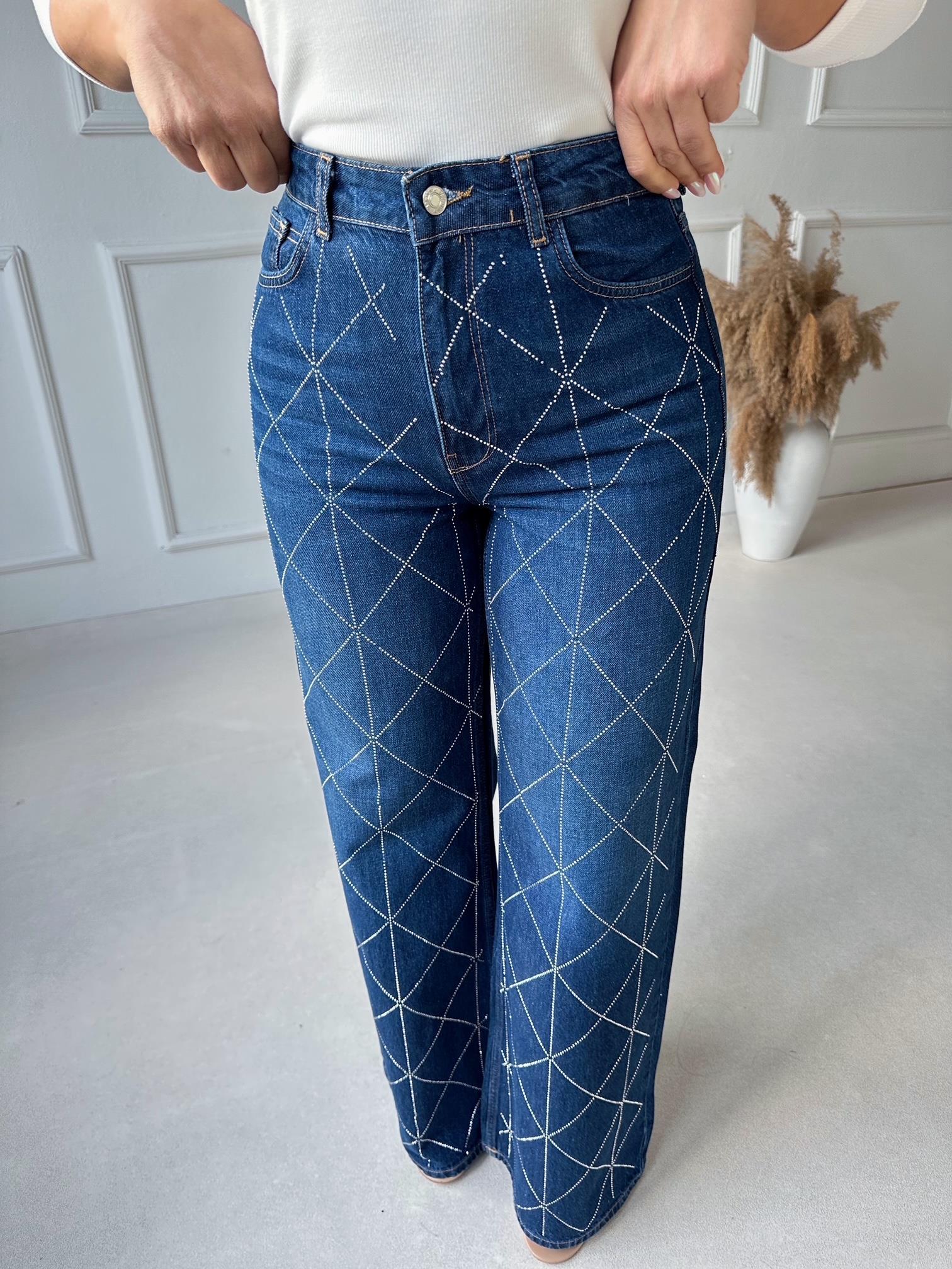 Premium Kalite Geometrik Taş İşlemeli Yüksek Bel Wide Leg Denim Pantolon · 9