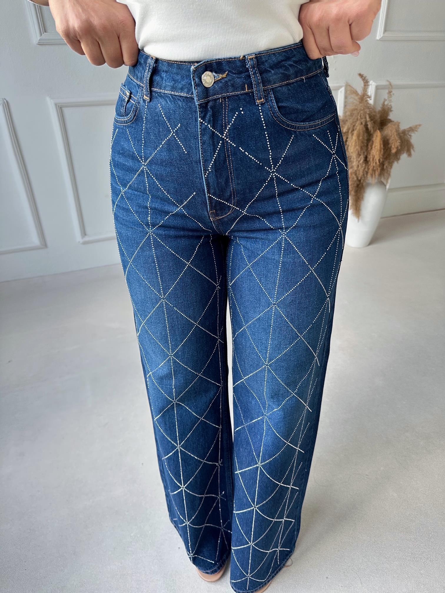 Premium Kalite Geometrik Taş İşlemeli Yüksek Bel Wide Leg Denim Pantolon · 8