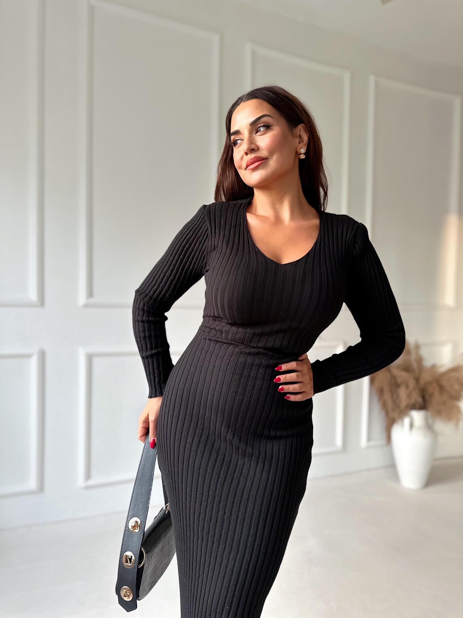 Orijinal Marka Zr V Yaka Midi Kalem Triko Elbise - Siyah | Nora Butik · 4