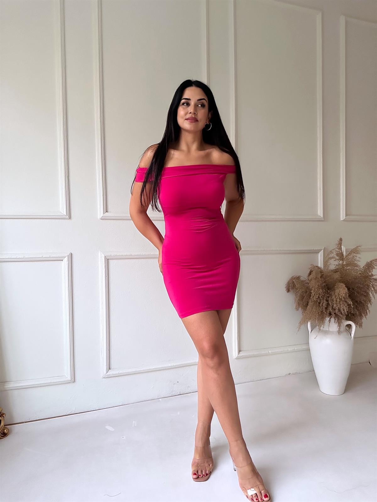Orjinal P&B Düşük Omuz Kısa Elbise Fuşya