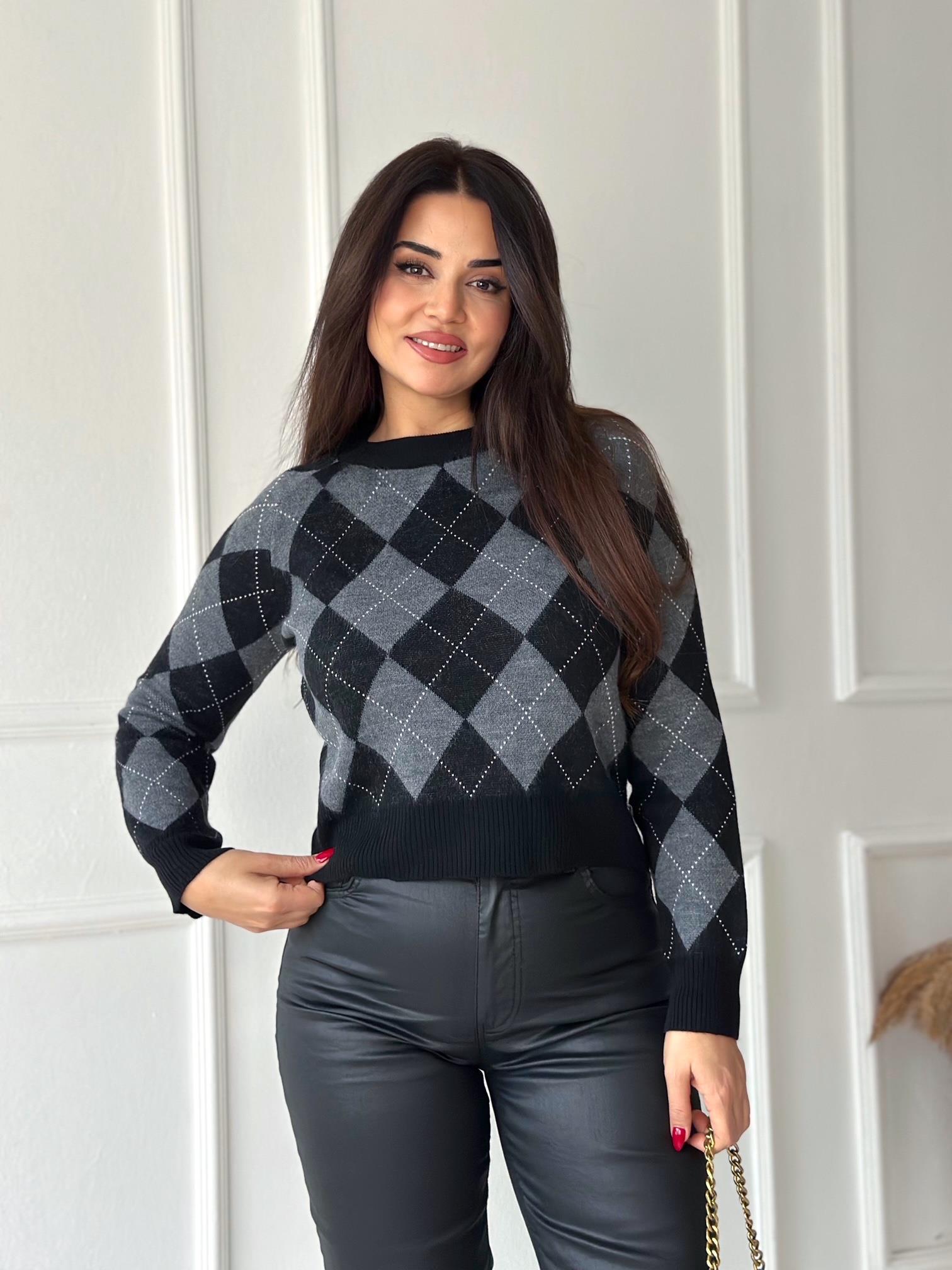 Oxford Argyle Kolej Baklava Desen Triko Kazak – Siyah Gri