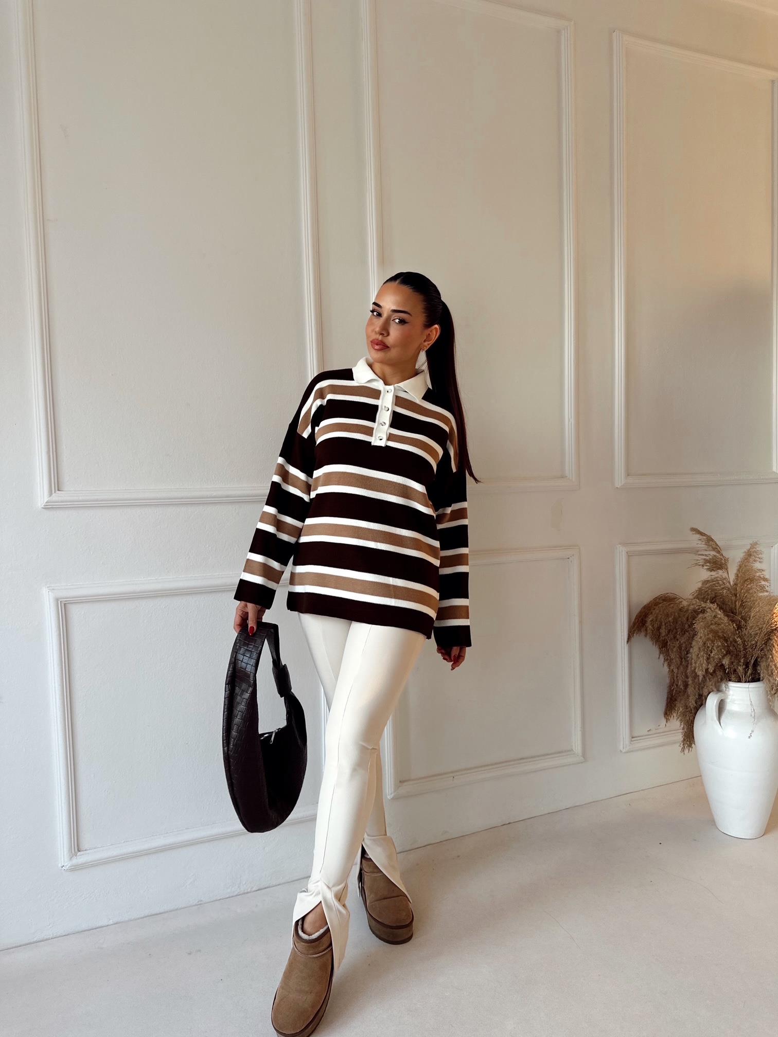 Oxford Seri Çizgili Polo Yaka Triko Kazak – Kahve / Bej