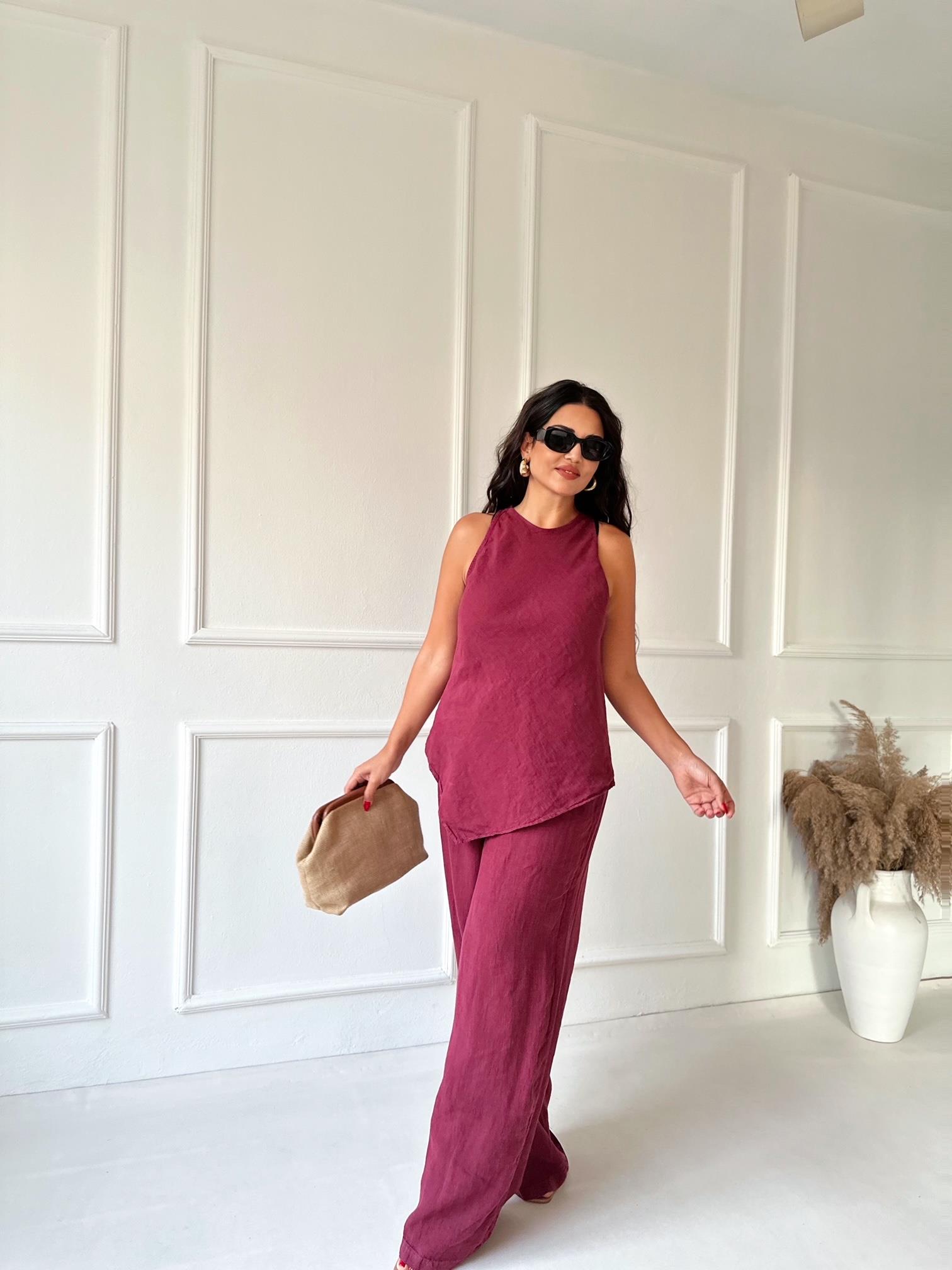 Premium Kalite %100 Keten Bluz Pantolon Takım - Bordo | Nora Butik · 2