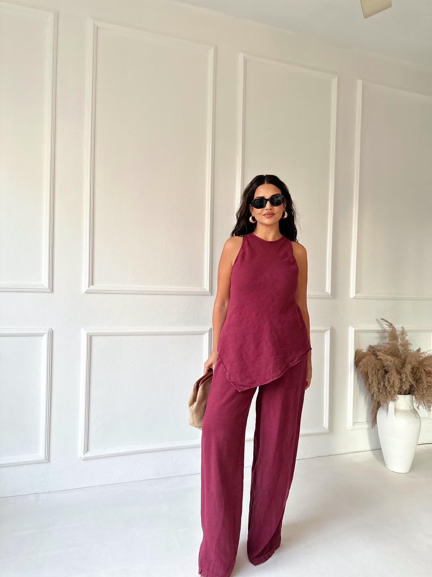 Premium Kalite %100 Keten Bluz Pantolon Takım - Bordo