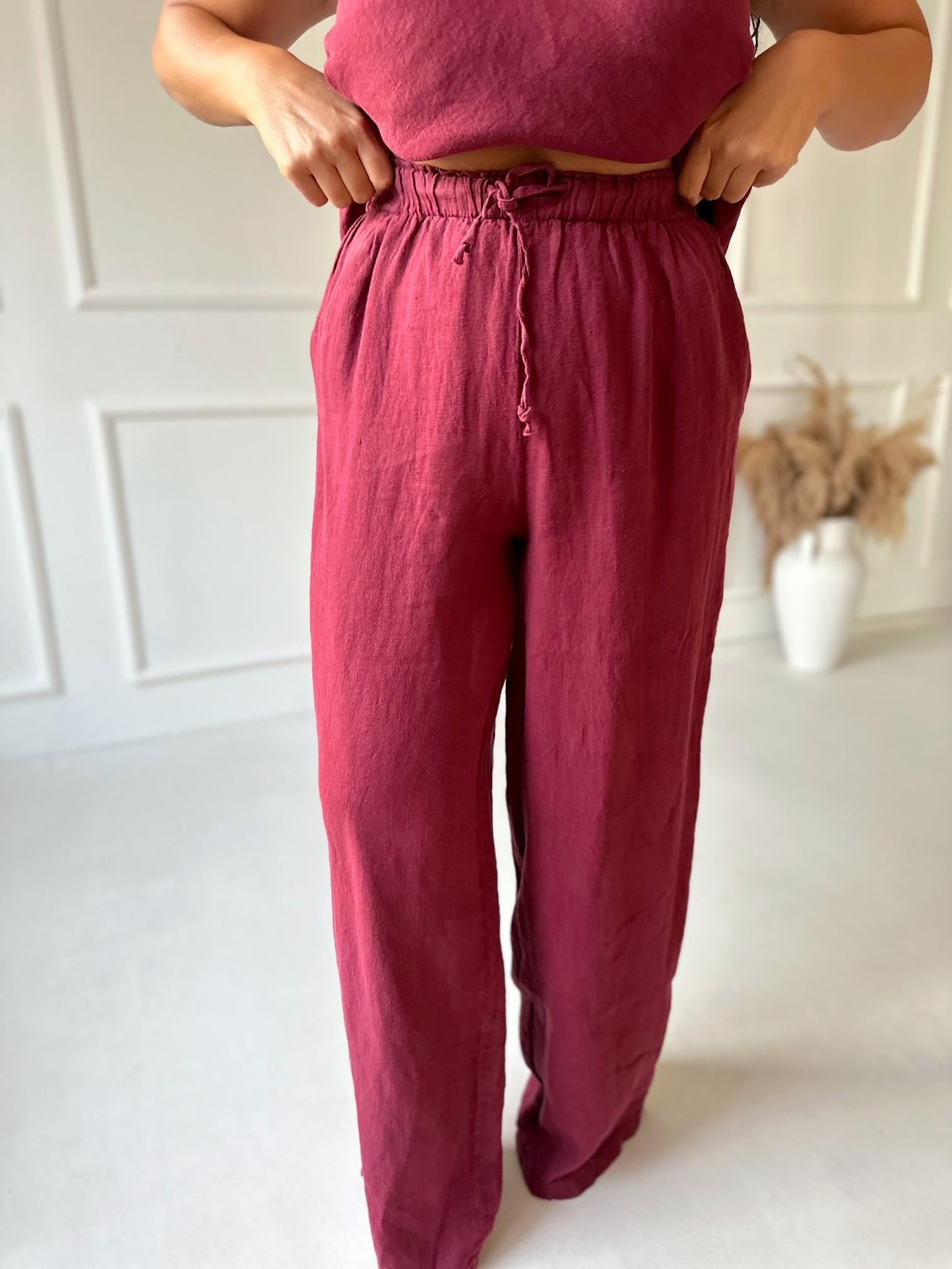 Premium Kalite %100 Keten Bluz Pantolon Takım - Bordo | Nora Butik · 9
