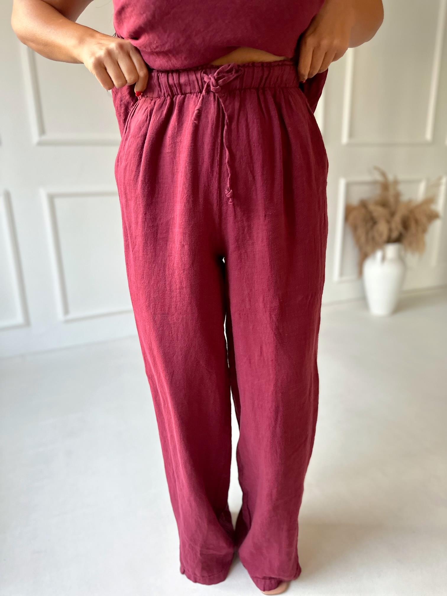 Premium Kalite %100 Keten Bluz Pantolon Takım - Bordo | Nora Butik · 8