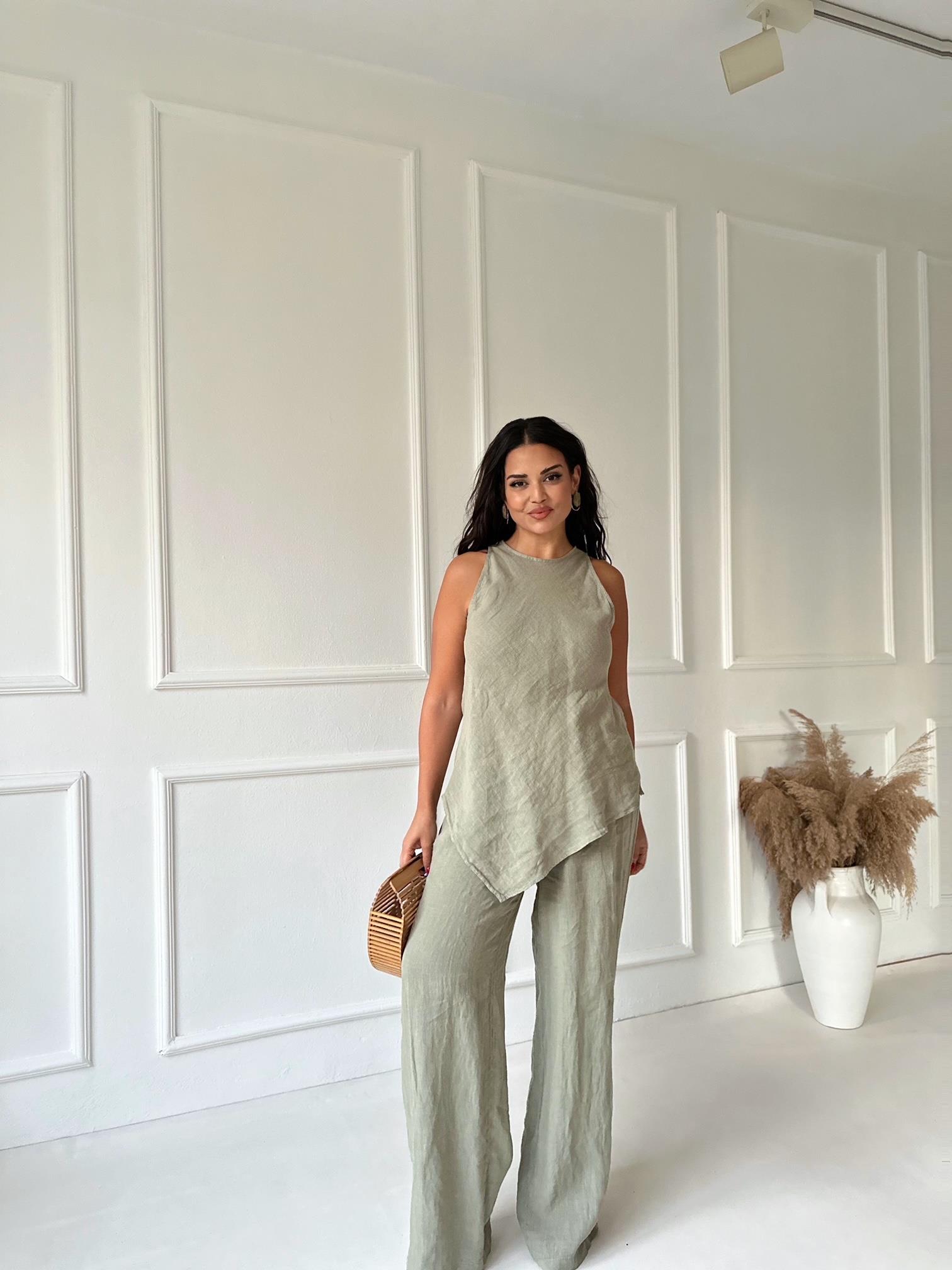 Premium Kalite %100 Keten Bluz Pantolon Takım - Haki