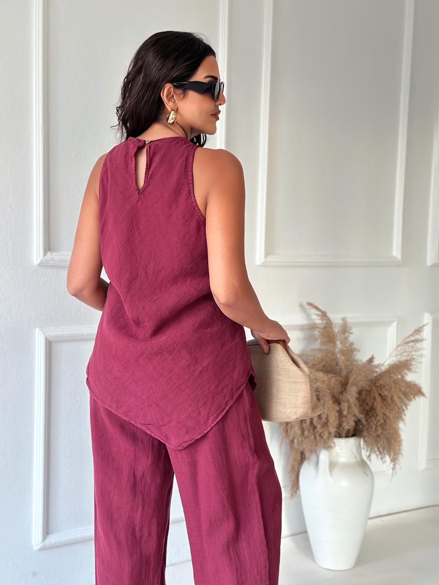 Premium Kalite %100 Keten Bluz Pantolon Takım - Bordo | Nora Butik · 7