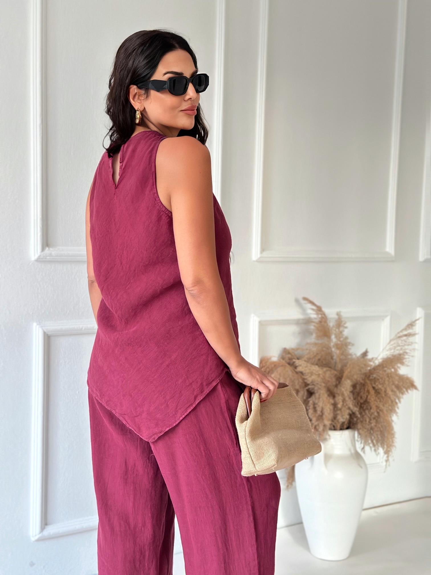 Premium Kalite %100 Keten Bluz Pantolon Takım - Bordo | Nora Butik · 5