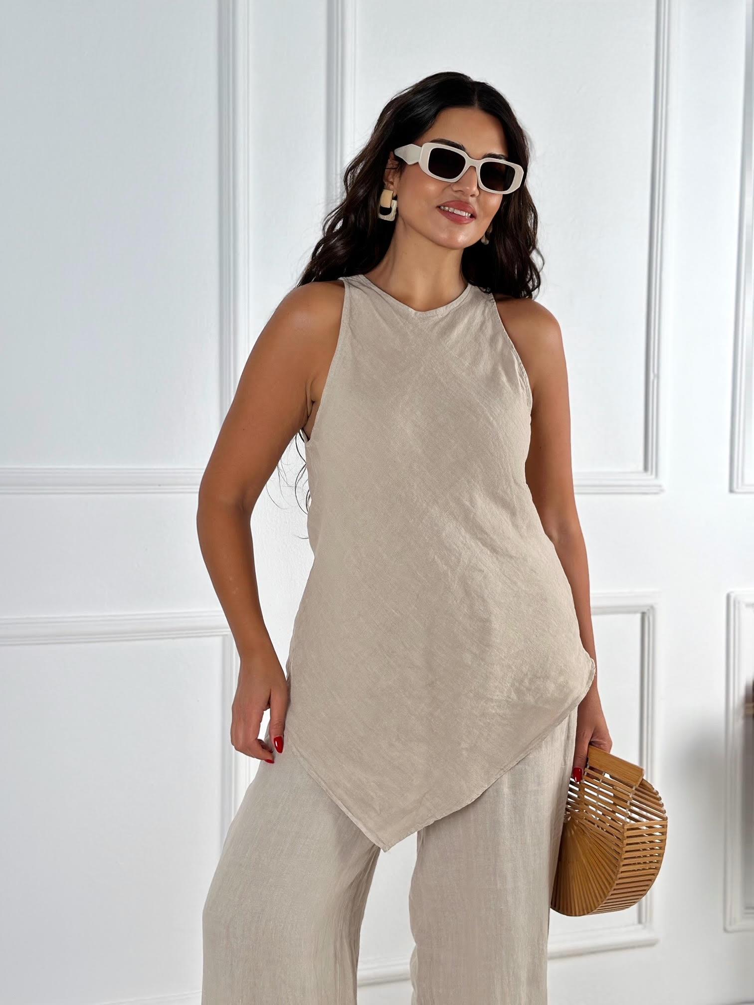 Premium Kalite %100 Keten Bluz Pantolon Takım - Bej | Nora Butik · 5