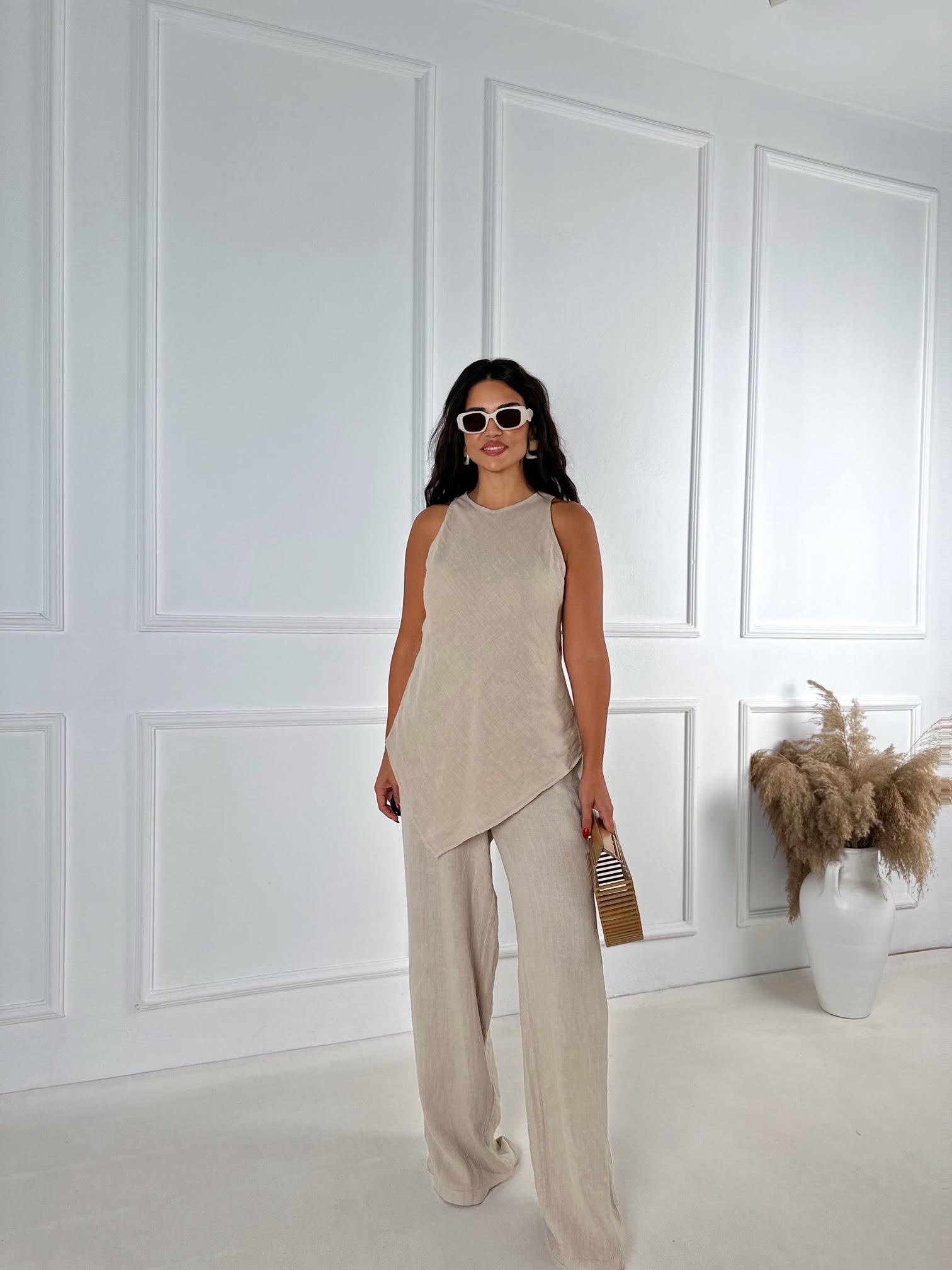 Premium Kalite %100 Keten Bluz Pantolon Takım - Bej