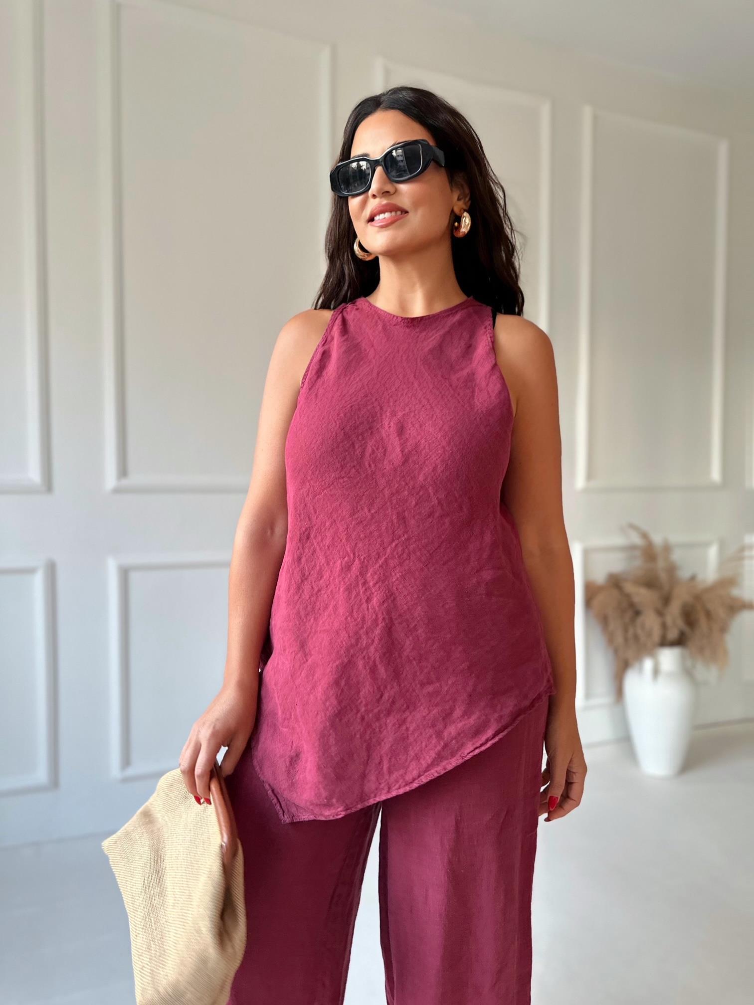 Premium Kalite %100 Keten Bluz Pantolon Takım - Bordo | Nora Butik · 4