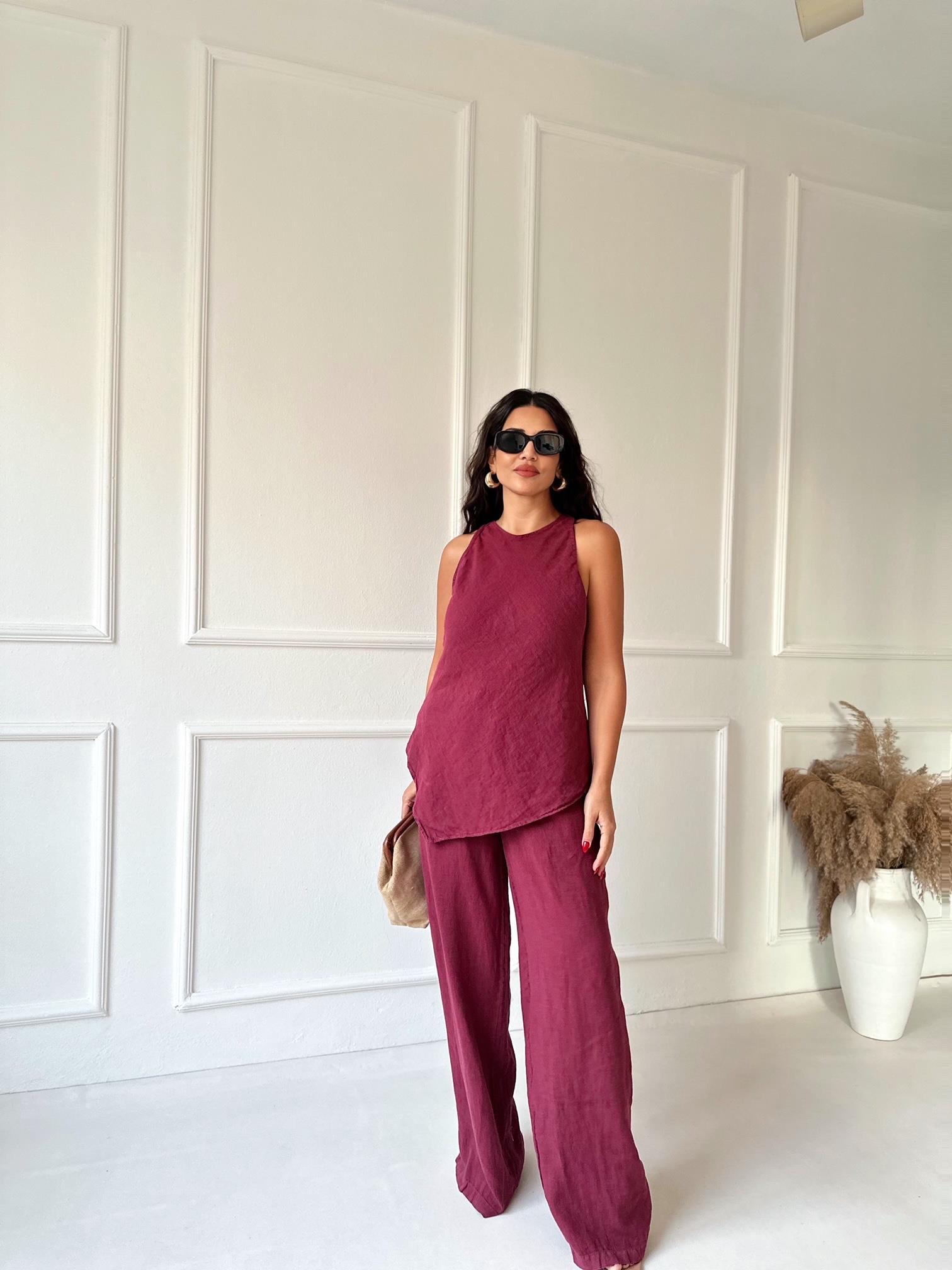 Premium Kalite %100 Keten Bluz Pantolon Takım - Bordo | Nora Butik · 3