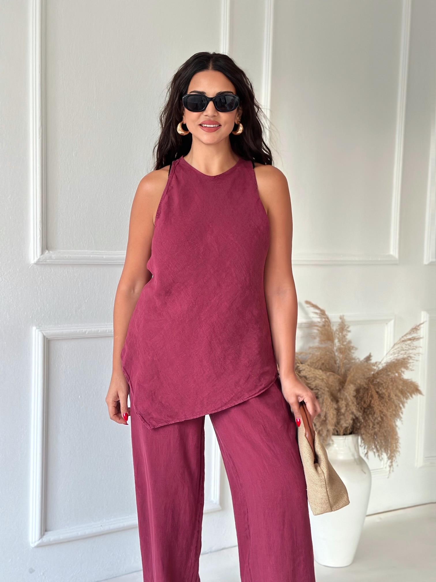 Premium Kalite %100 Keten Bluz Pantolon Takım - Bordo | Nora Butik · 6