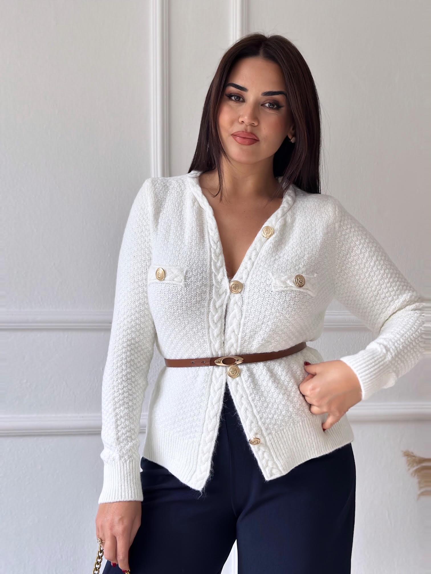 Premium Kalite Altın Düğmeli Triko Ceket Ekru