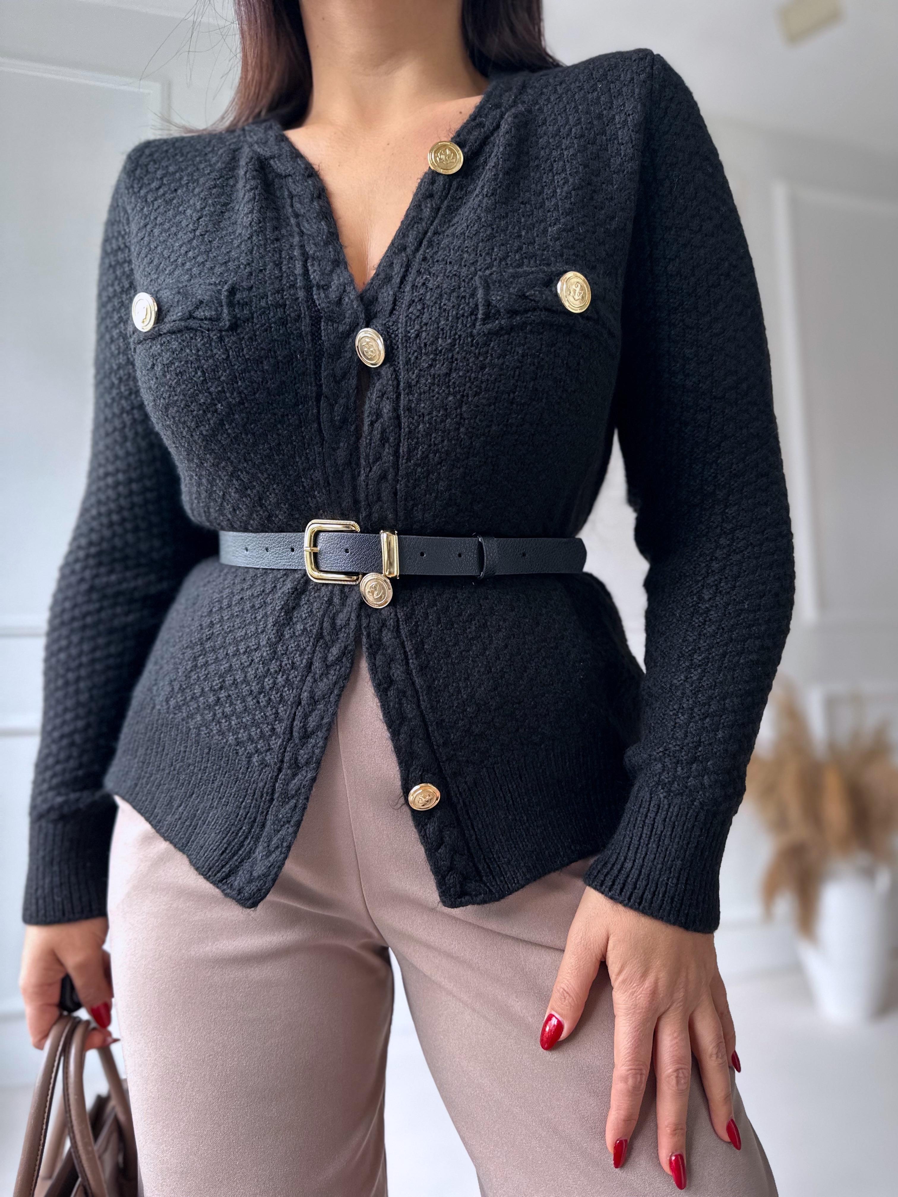 Premium Kalite Altın Düğmeli Triko Ceket Siyah