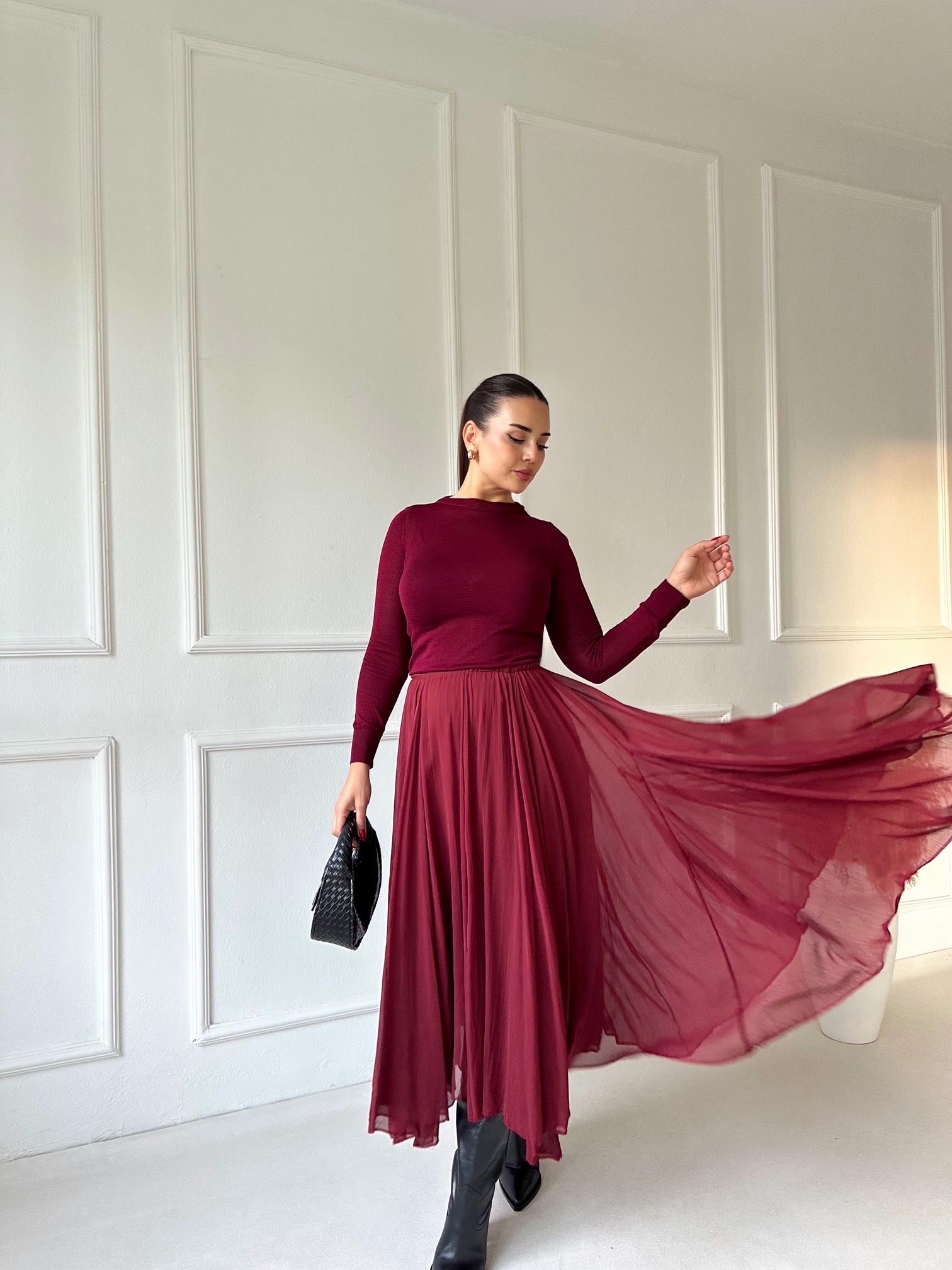 Premium Kalite Beli Lastikli Bordo Şifon Midi Kloş Etek | Nora Butik