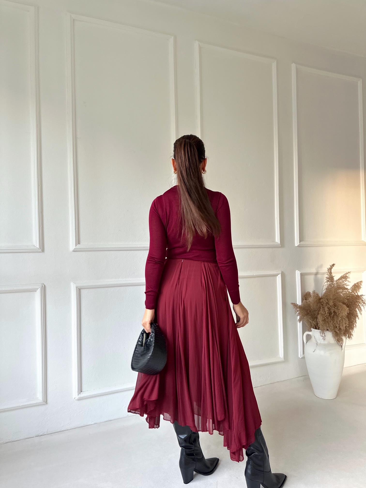 Premium Kalite Beli Lastikli Bordo Şifon Midi Kloş Etek | Nora Butik · 4