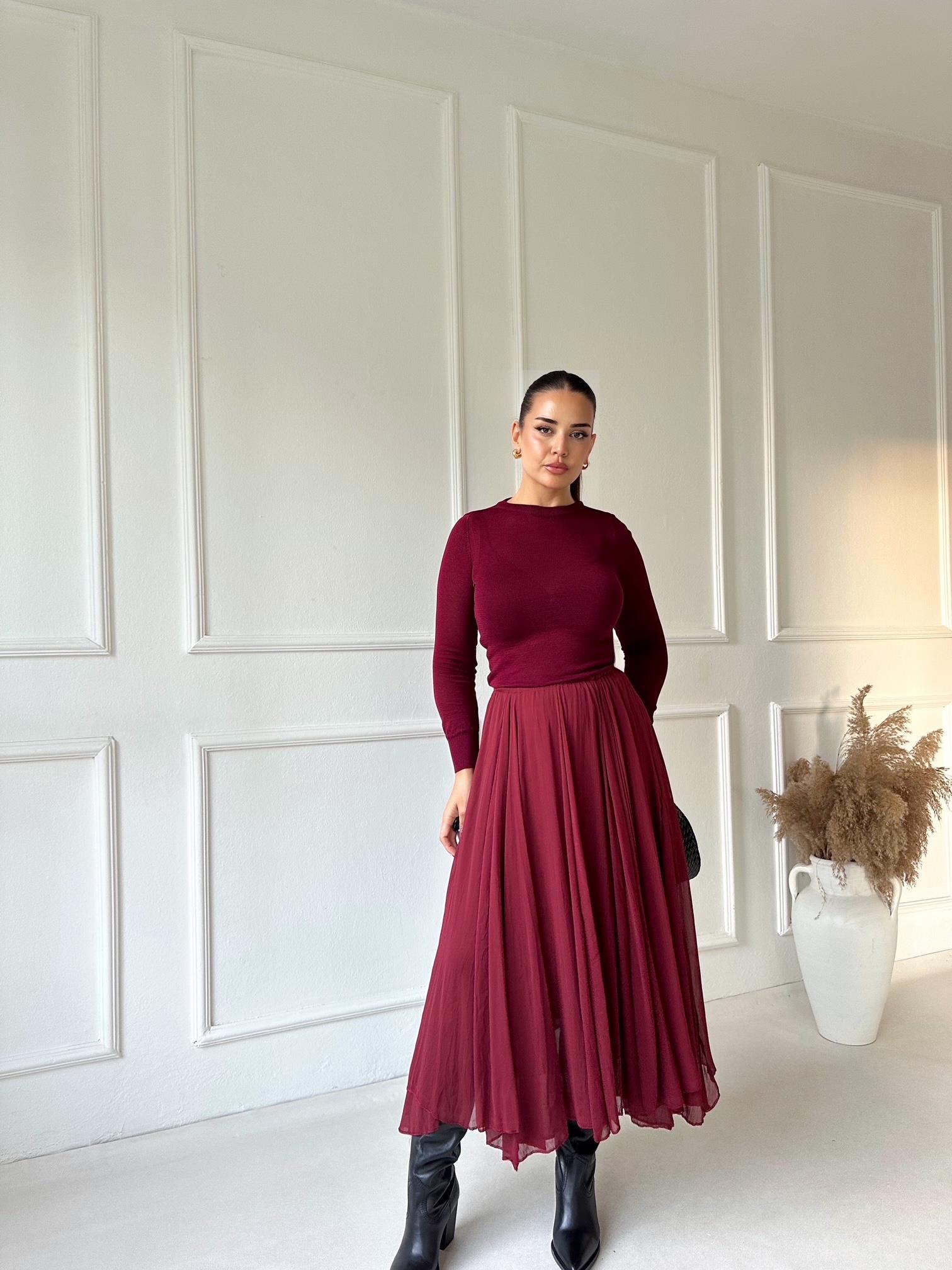 Premium Kalite Beli Lastikli Bordo Şifon Midi Kloş Etek | Nora Butik · 5