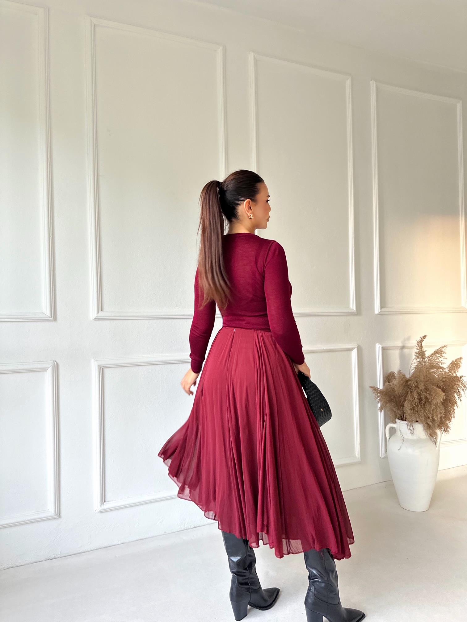 Premium Kalite Beli Lastikli Bordo Şifon Midi Kloş Etek | Nora Butik · 3
